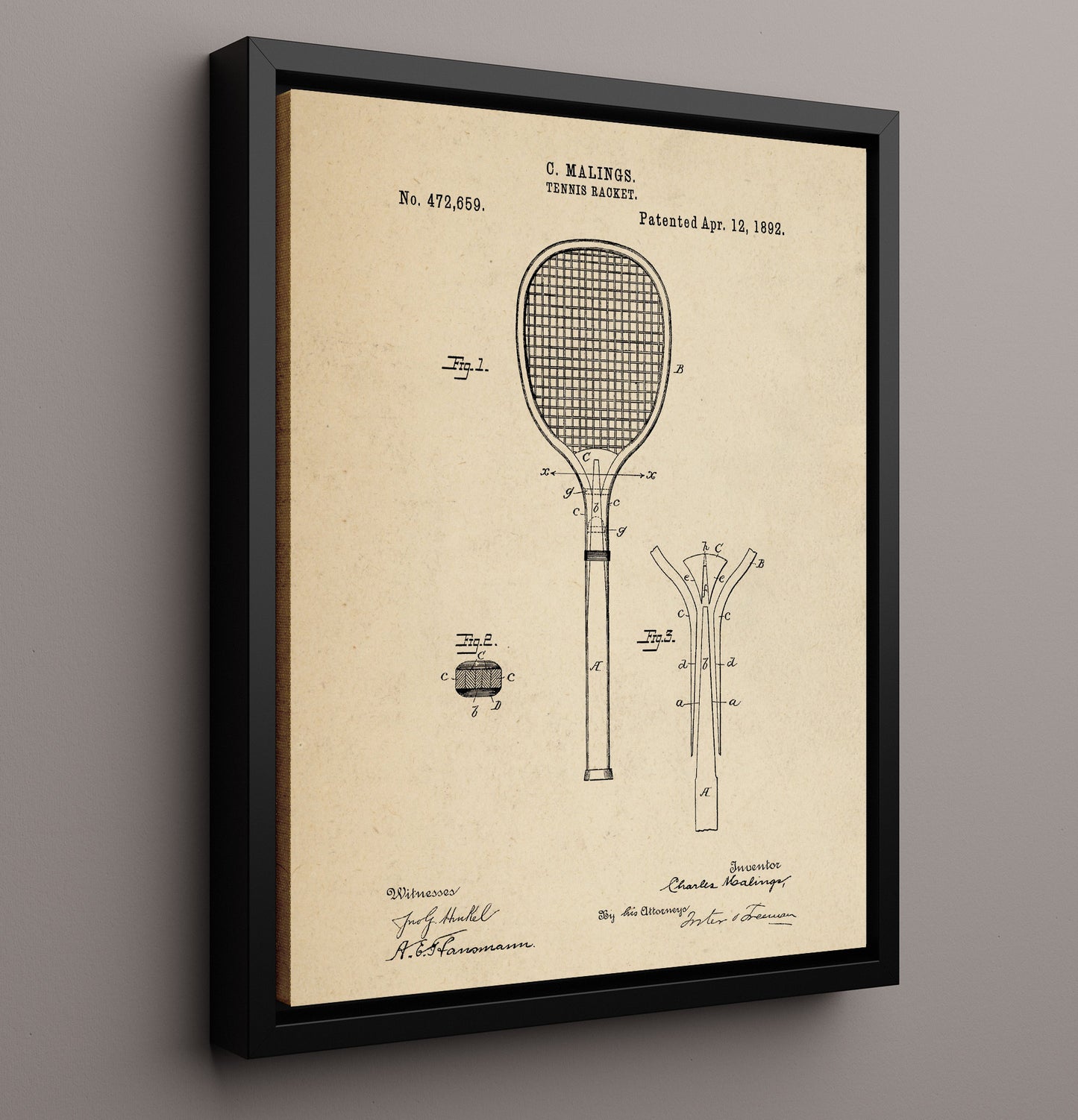 Patent Print - Tennis Racket - C Malings - 1892 - Patent 472659 Patent Wall Art
