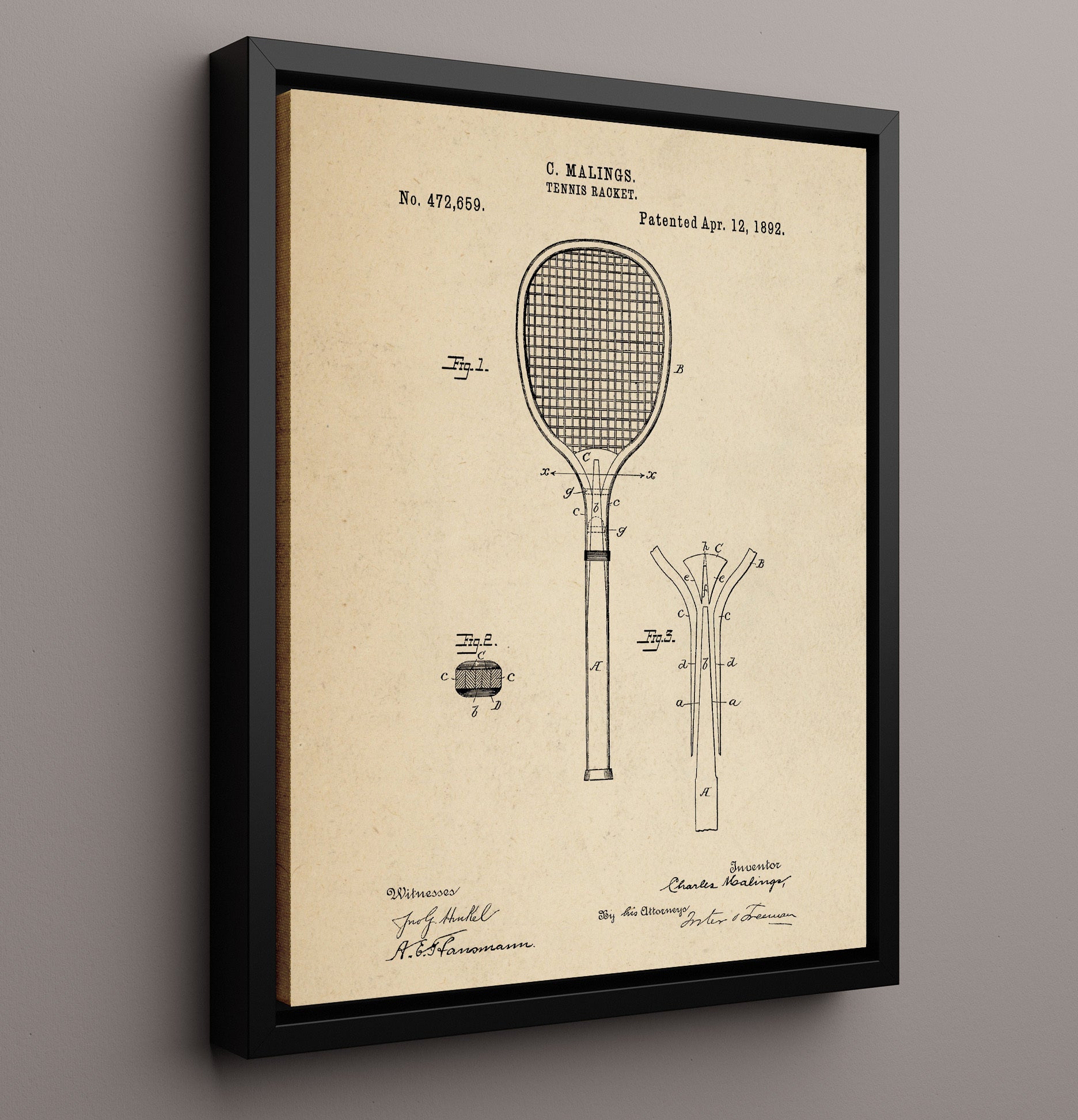 Patent Print - Tennis Racket - C Malings - 1892 - Patent 472659 Patent Wall Art