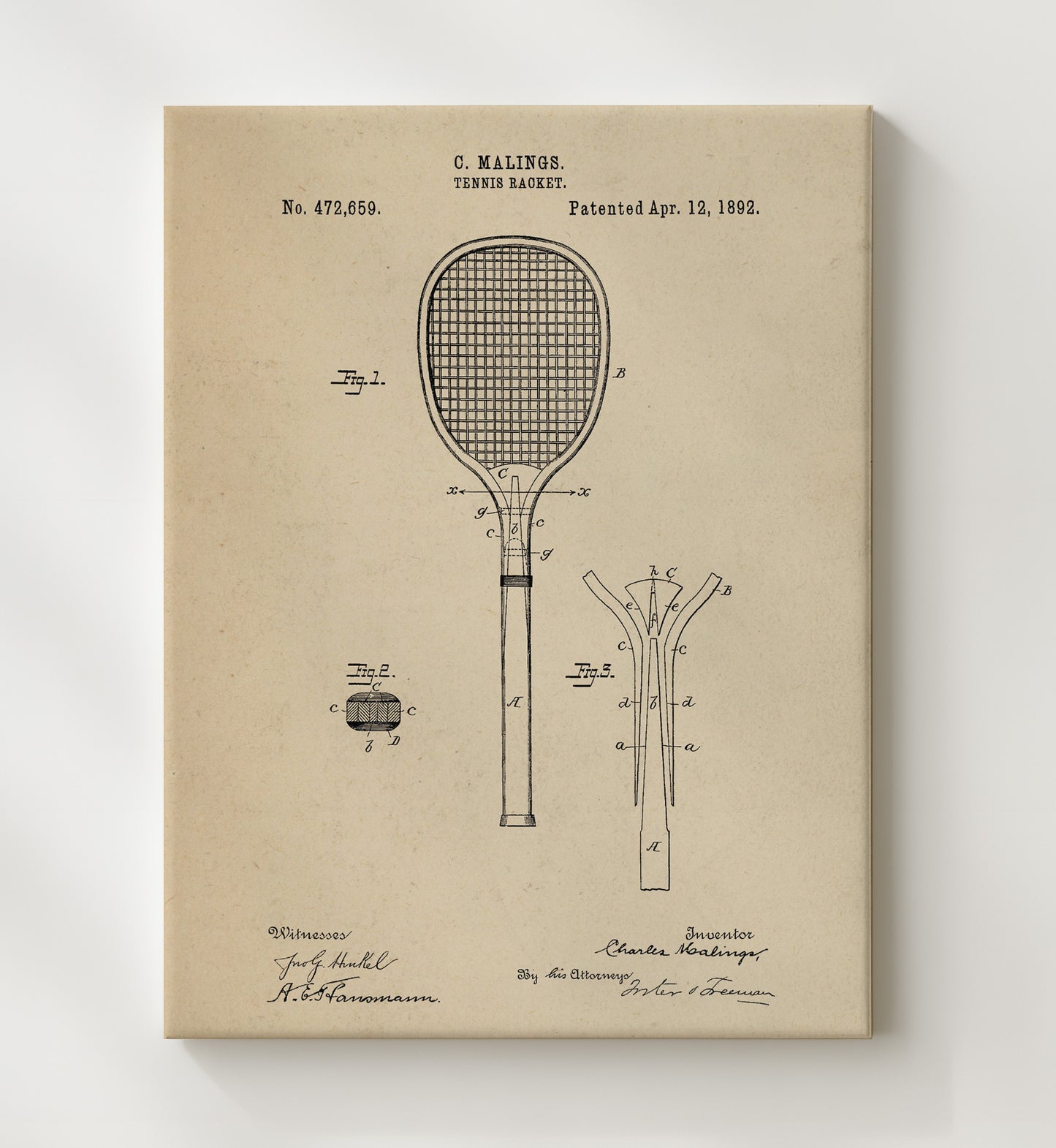 Patent Print - Tennis Racket - C Malings - 1892 - Patent 472659 Patent Wall Art