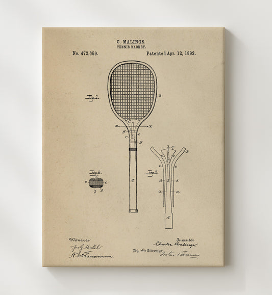 Tennis Racket 1892 patent print wall art 8x10 Canvas