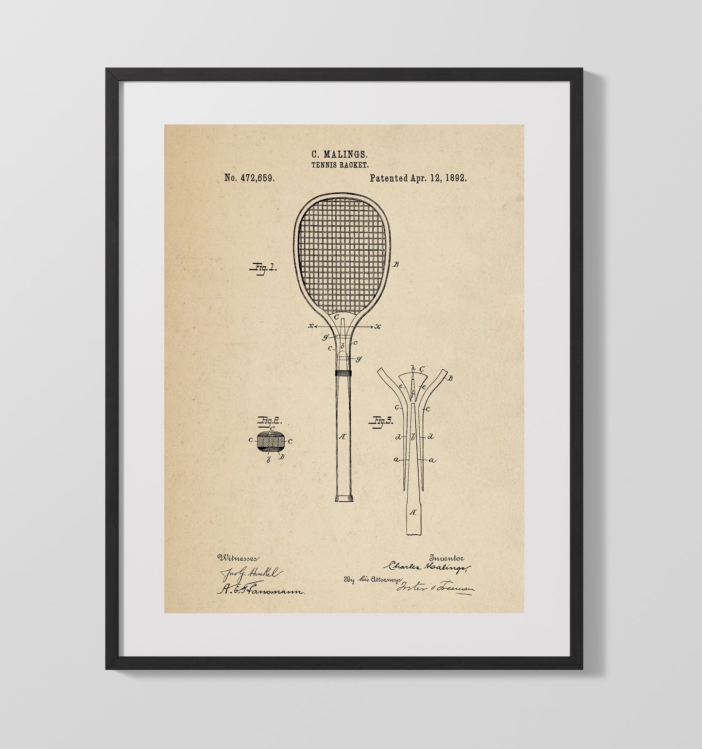 Patent Print - Tennis Racket - C Malings - 1892 - Patent 472659 Patent Wall Art