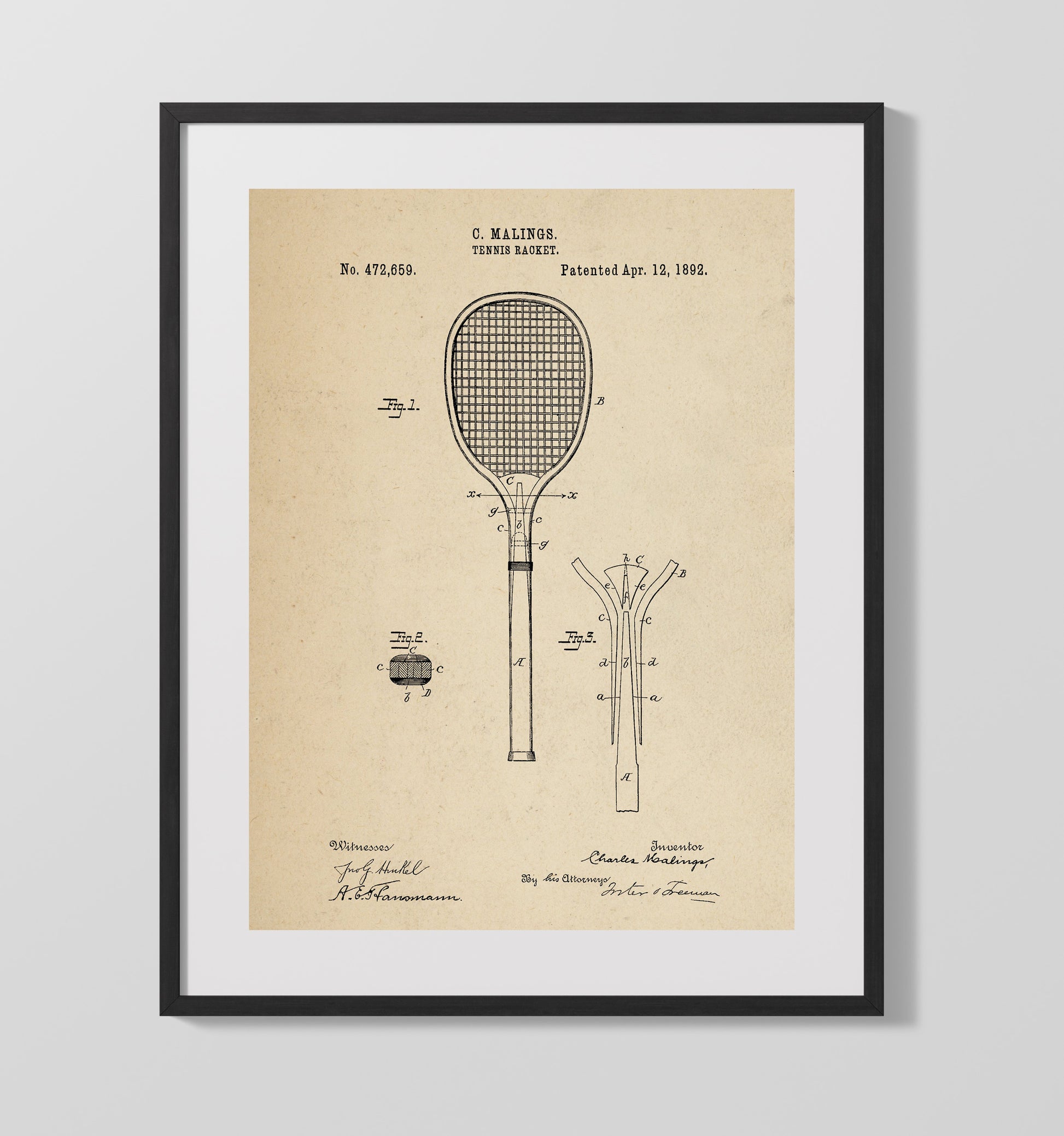 Patent Print - Tennis Racket - C Malings - 1892 - Patent 472659 Patent Wall Art