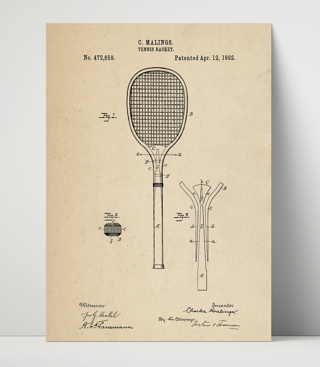 Patent Print - Tennis Racket - C Malings - 1892 - Patent 472659 Patent Wall Art