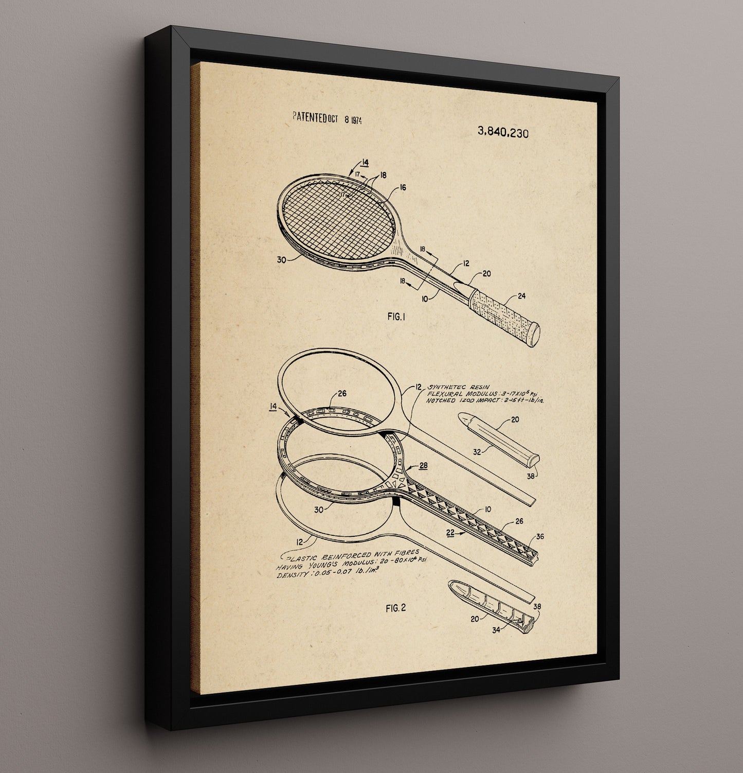 Patent Print - Tennis Racket - Unknown Inventor - 1974 - Patent 3840230 Patent Wall Art