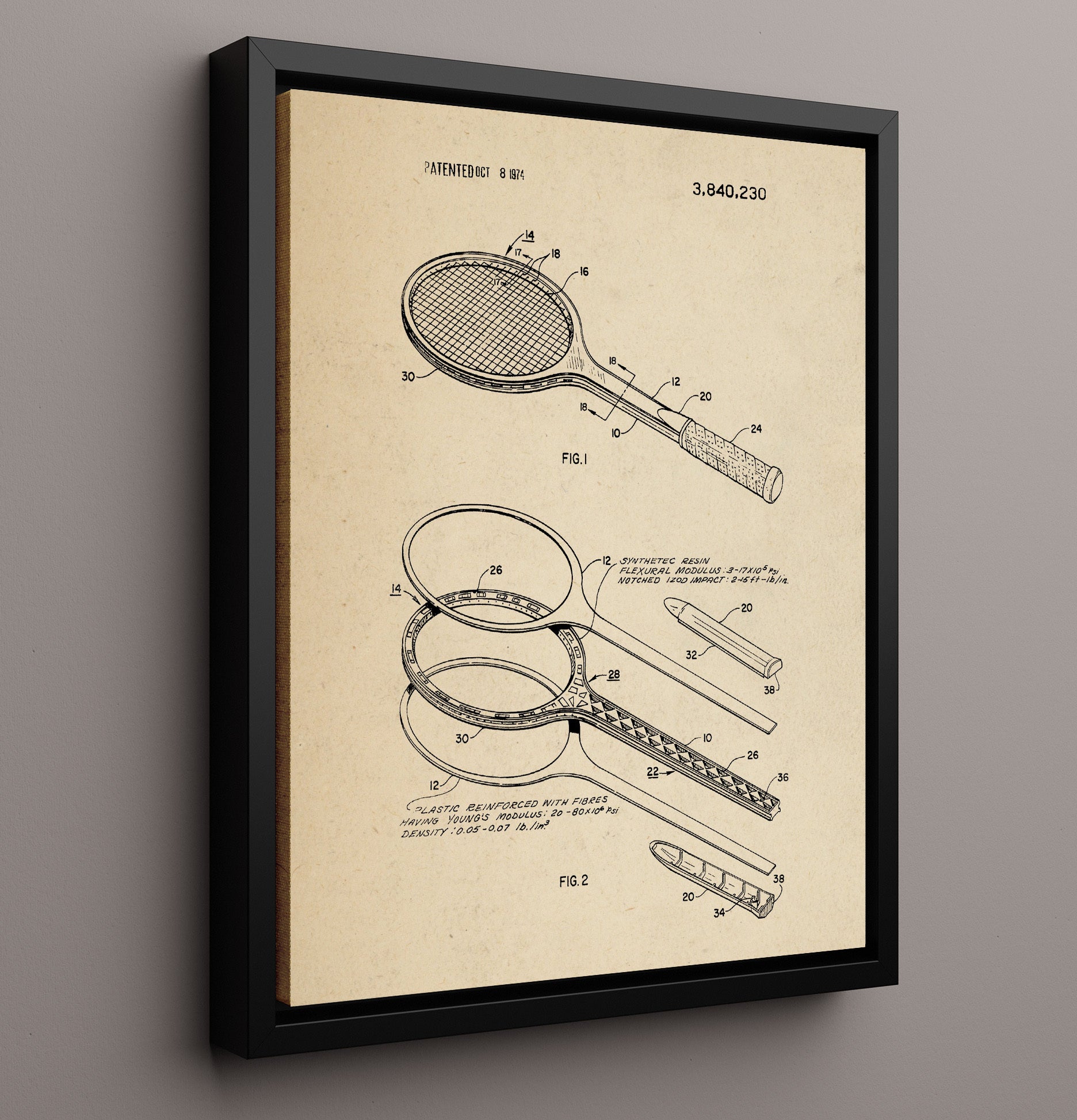 Patent Print - Tennis Racket - Unknown Inventor - 1974 - Patent 3840230 Patent Wall Art