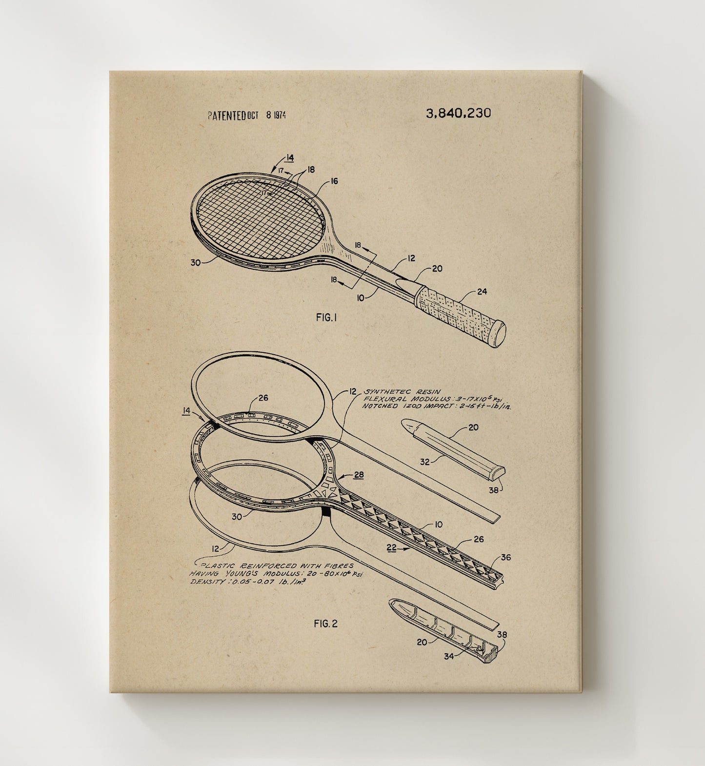 Patent Print - Tennis Racket - Unknown Inventor - 1974 - Patent 3840230 Patent Wall Art