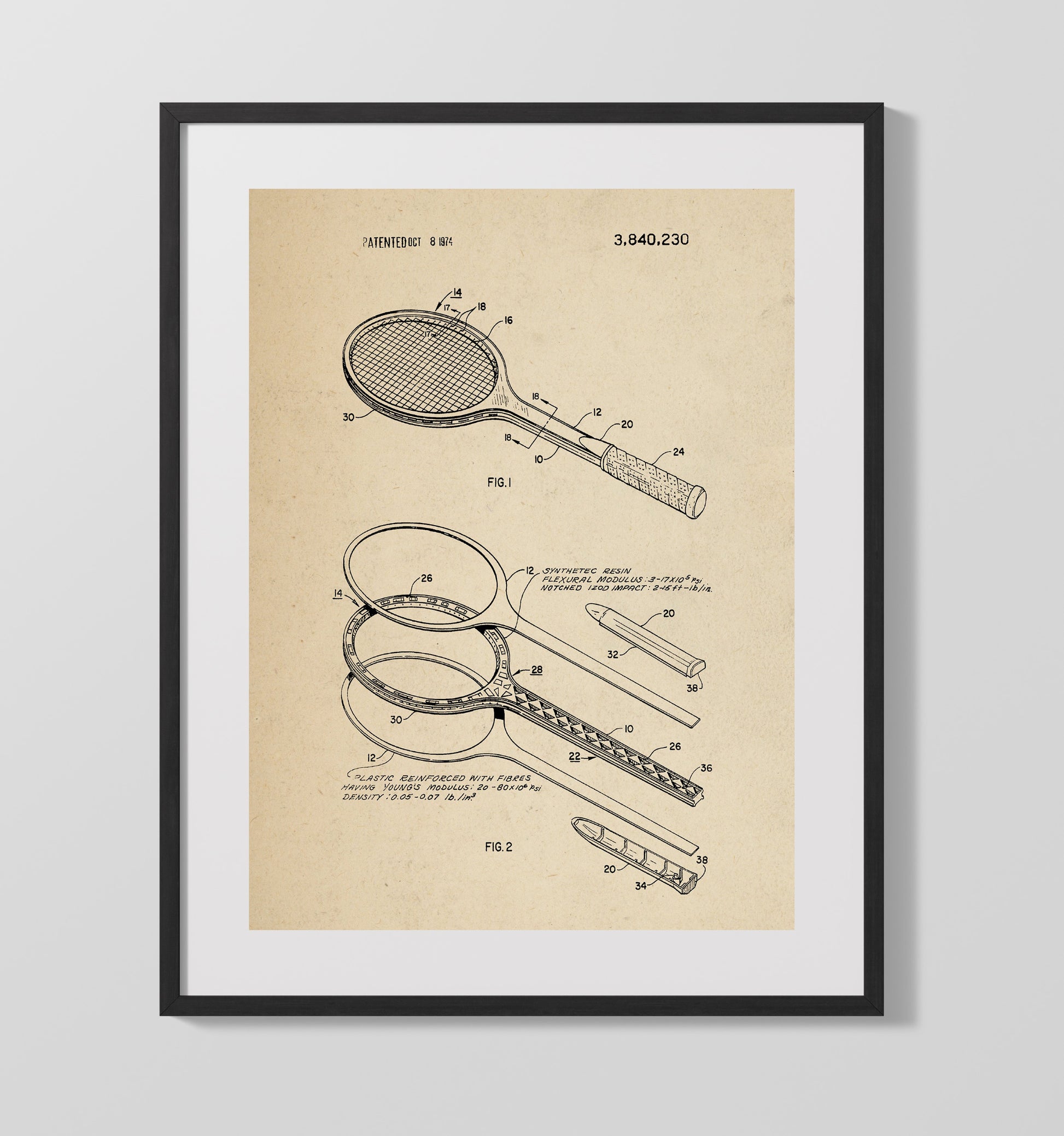 Patent Print - Tennis Racket - Unknown Inventor - 1974 - Patent 3840230 Patent Wall Art