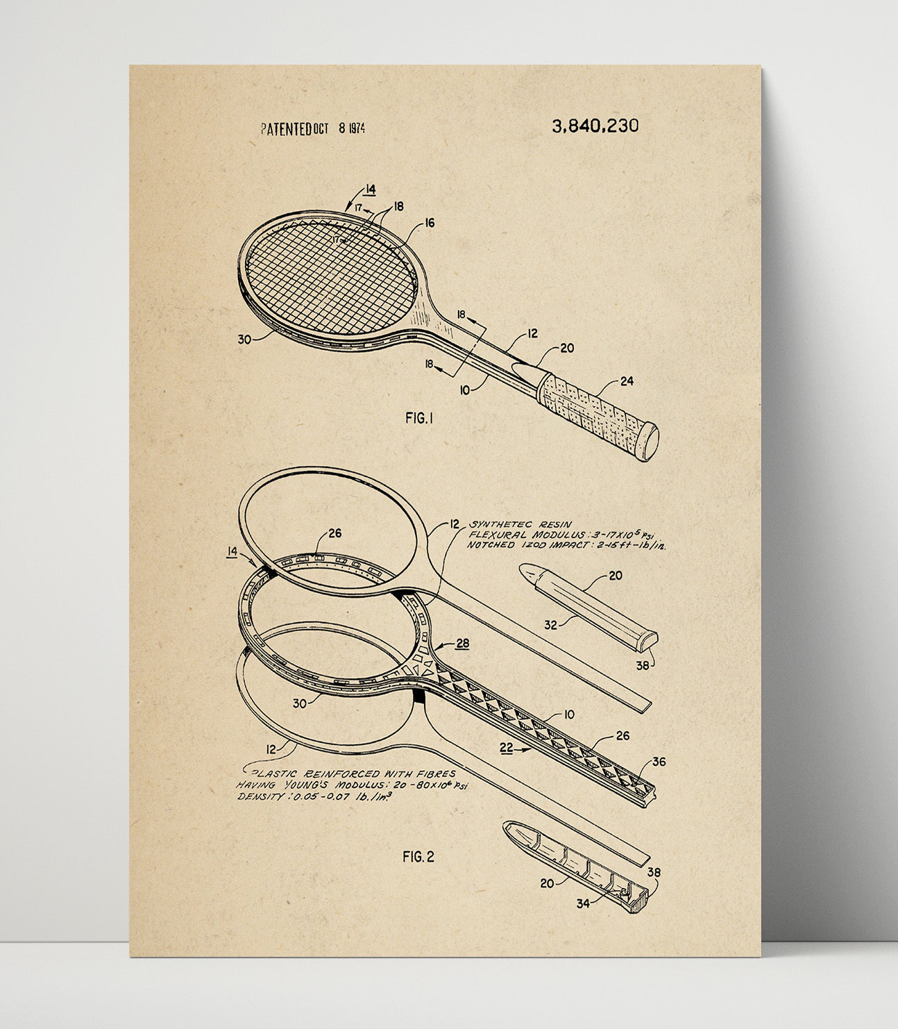 Patent Print - Tennis Racket - Unknown Inventor - 1974 - Patent 3840230 Patent Wall Art