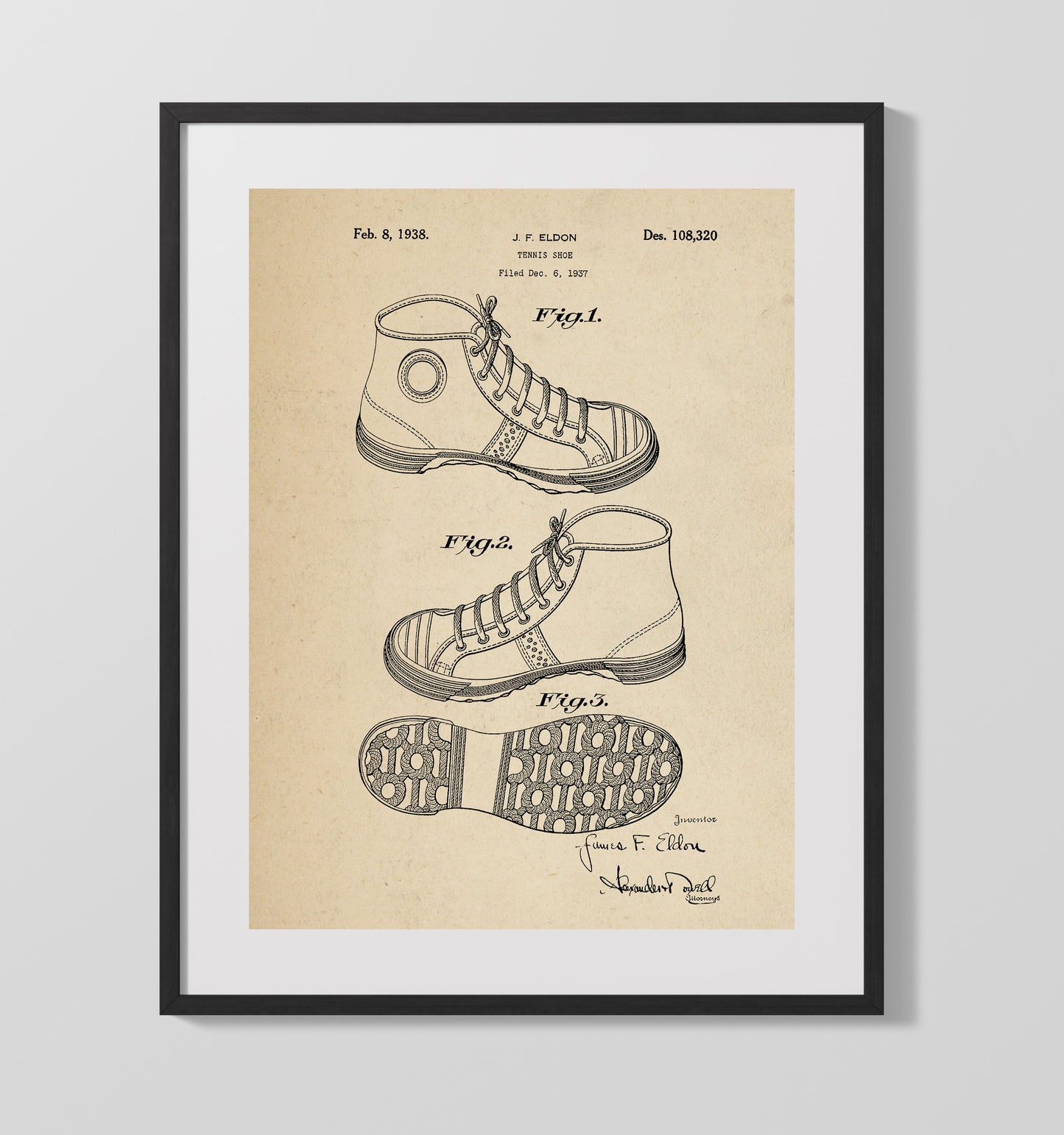 Patent Print - Tennis Shoe - J F Eldon - 1938 - Patent 108320 Patent Wall Art