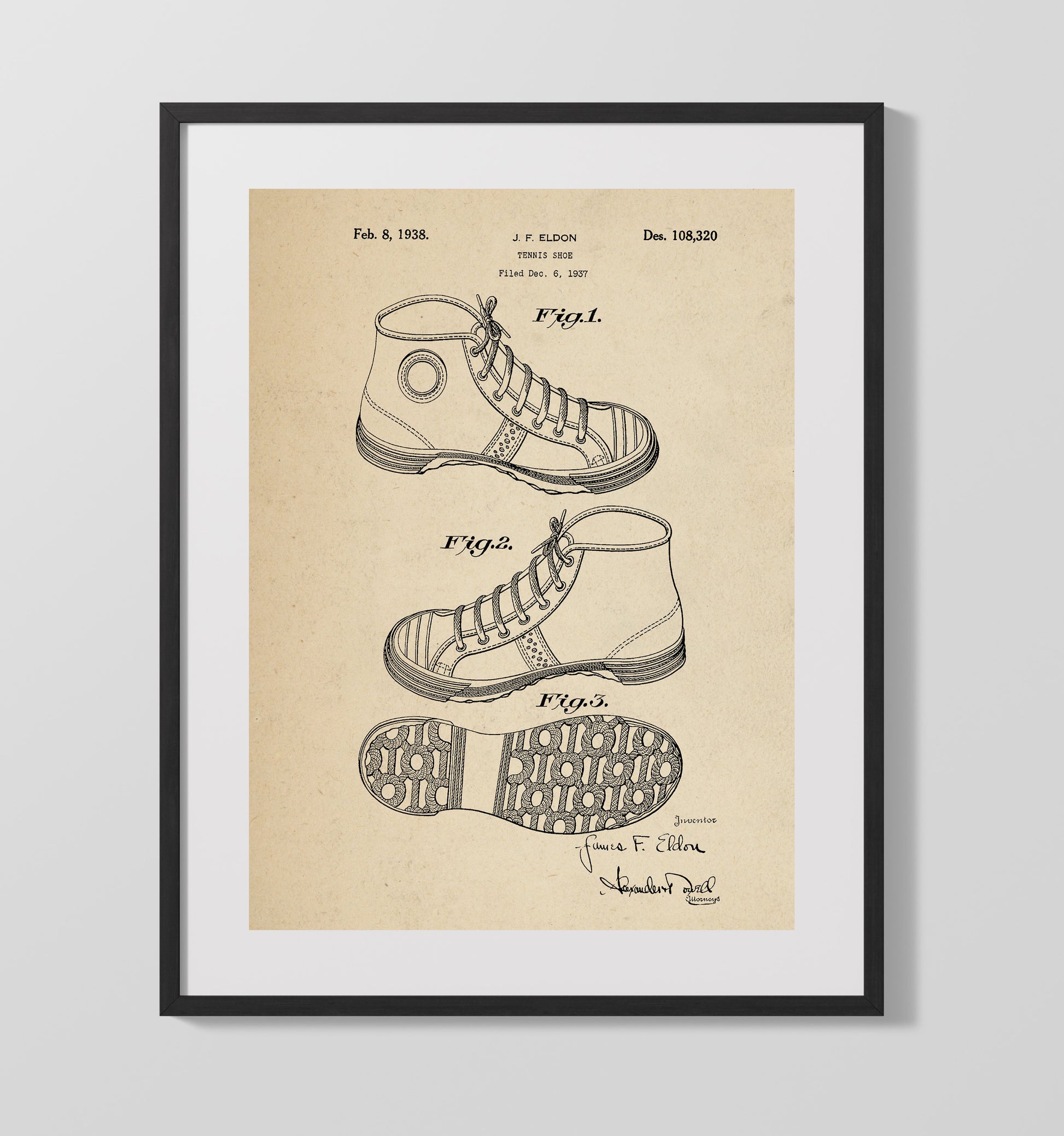 Patent Print - Tennis Shoe - J F Eldon - 1938 - Patent 108320 Patent Wall Art