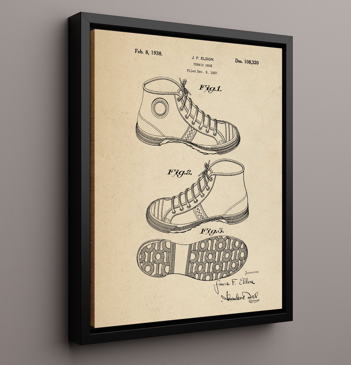 Patent Print - Tennis Shoe - J F Eldon - 1938 - Patent 108320 Patent Wall Art