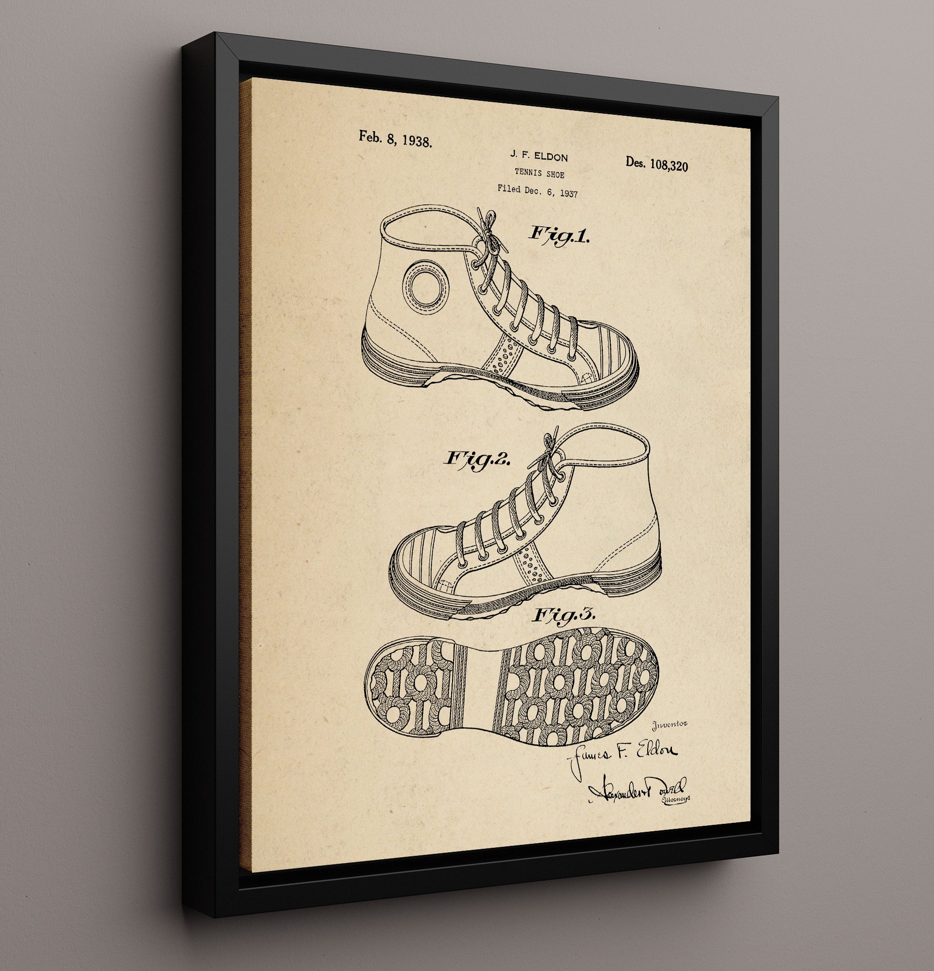 Patent Print - Tennis Shoe - J F Eldon - 1938 - Patent 108320 Patent Wall Art