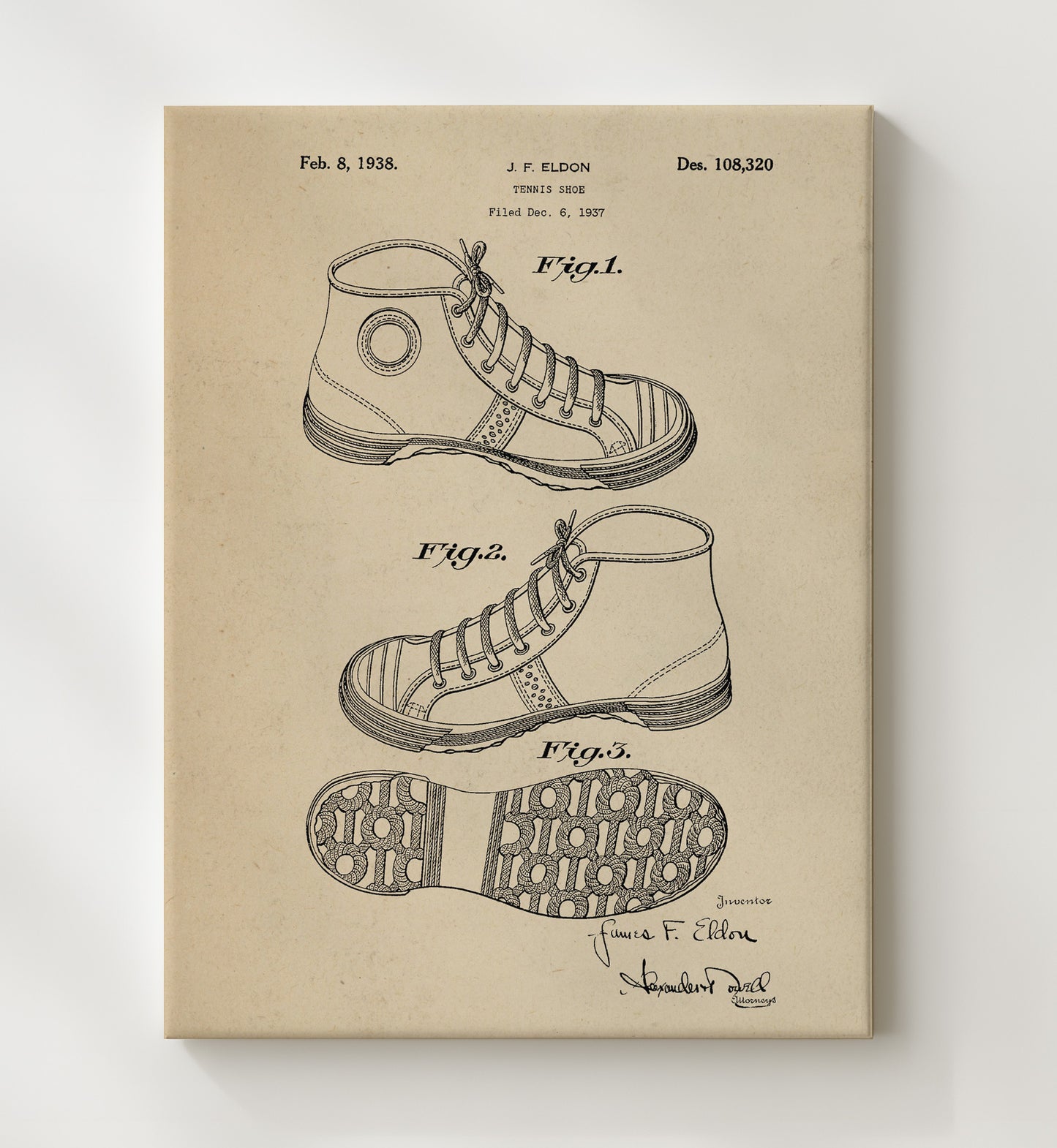 Patent Print - Tennis Shoe - J F Eldon - 1938 - Patent 108320 Patent Wall Art
