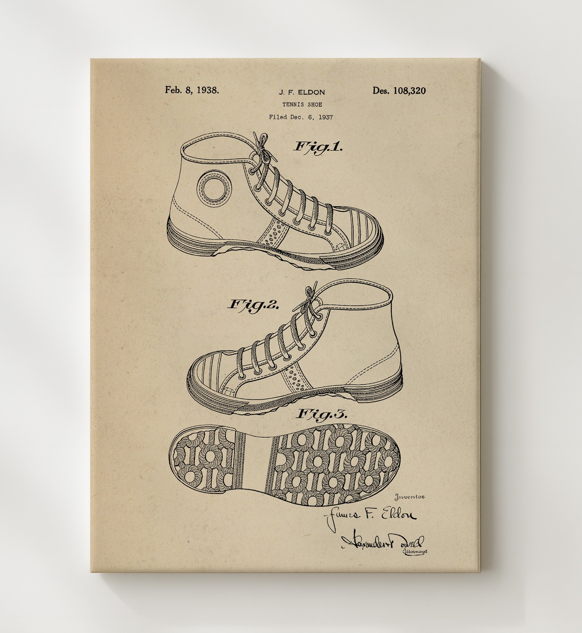 Patent Print - Tennis Shoe - J F Eldon - 1938 - Patent 108320 Patent Wall Art