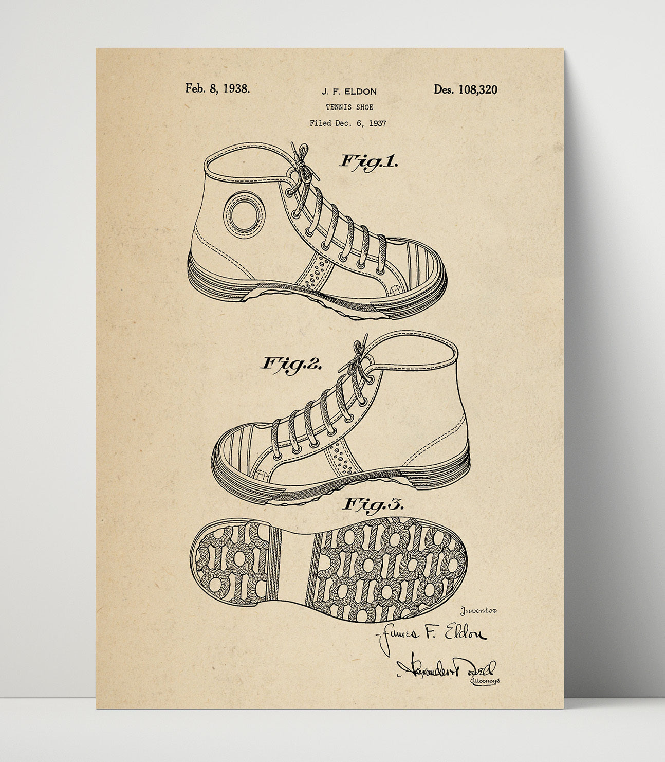 Patent Print - Tennis Shoe - J F Eldon - 1938 - Patent 108320 Patent Wall Art