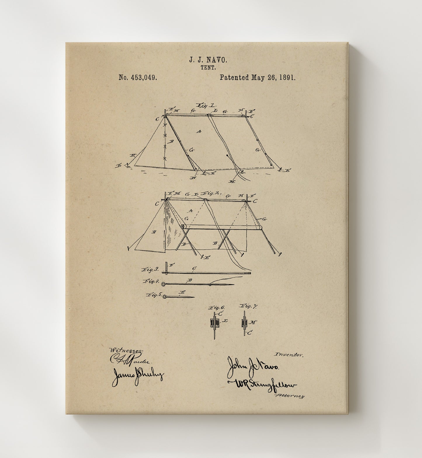 Patent Print - Tent Structure - J J Navo - 1891 - Patent 453049 Patent Wall Art