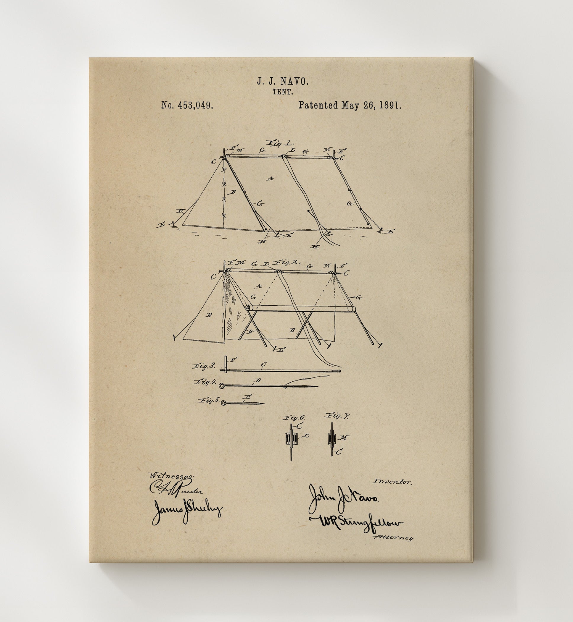 Patent Print - Tent Structure - J J Navo - 1891 - Patent 453049 Patent Wall Art