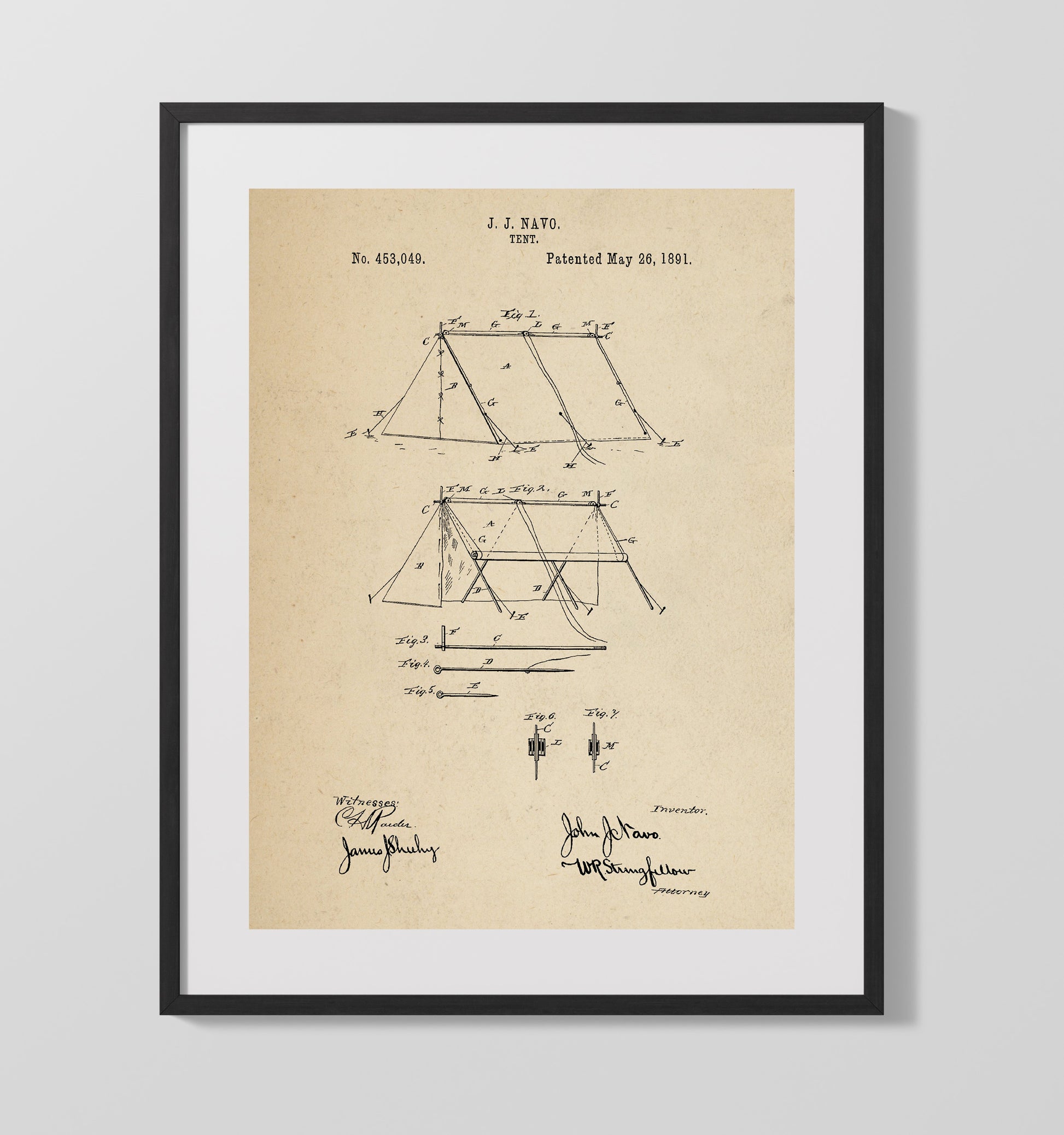 Patent Print - Tent Structure - J J Navo - 1891 - Patent 453049 Patent Wall Art
