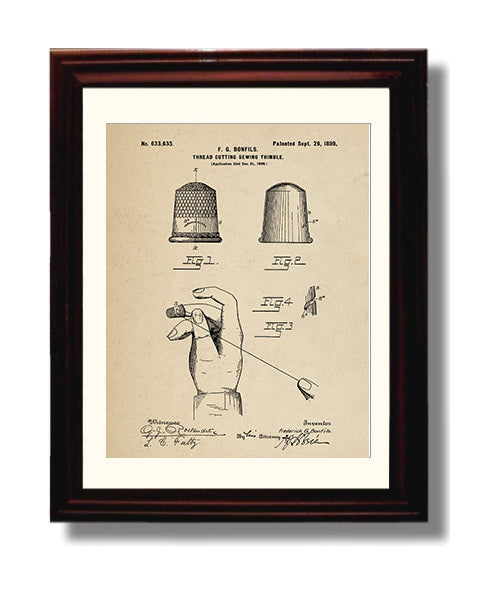 Patent Print - Thread Cutting Sewing Thimble - Frederick G Bonfils - 1899 - Patent 633635 Patent Wall Art