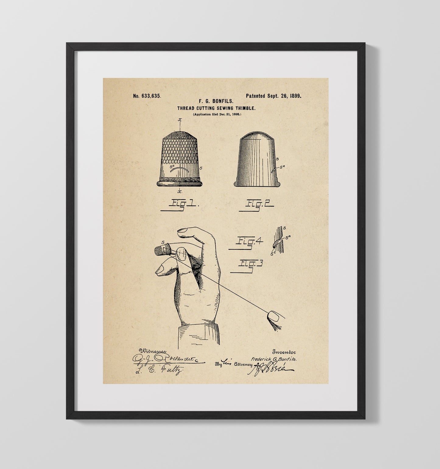 Patent Print - Thread Cutting Sewing Thimble - Frederick G Bonfils - 1899 - Patent 633635 Patent Wall Art