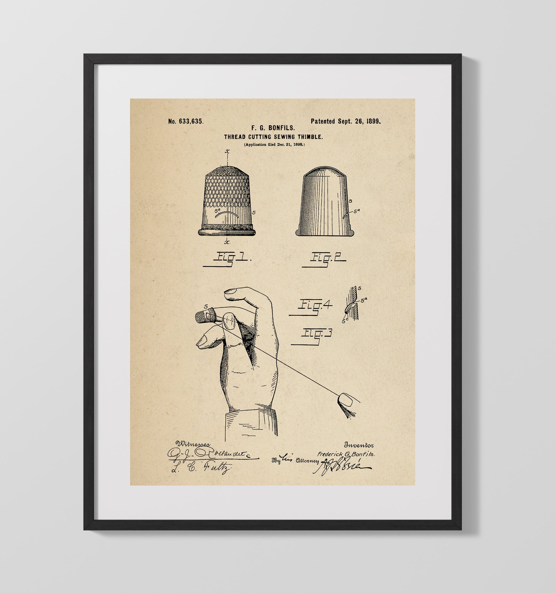 Patent Print - Thread Cutting Sewing Thimble - Frederick G Bonfils - 1899 - Patent 633635 Patent Wall Art
