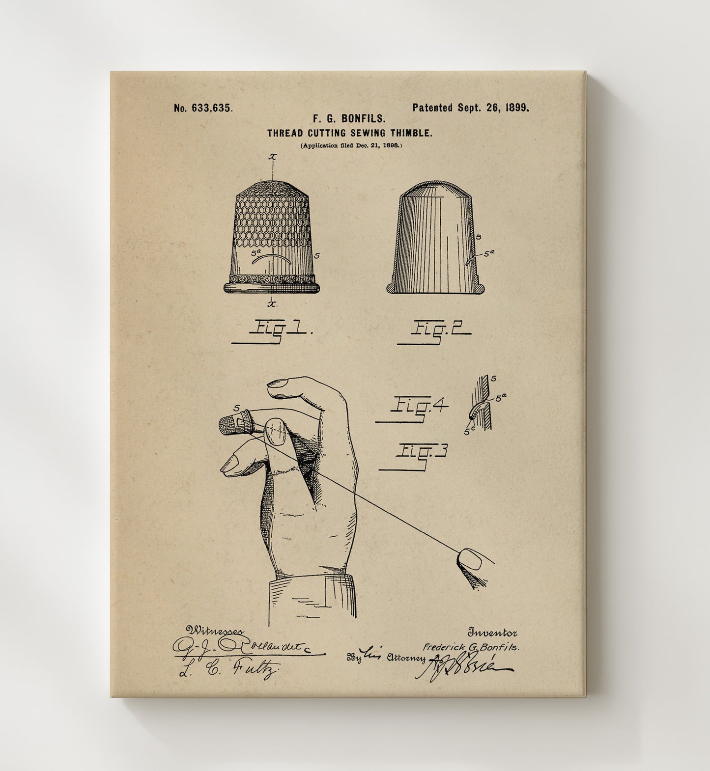Patent Print - Thread Cutting Sewing Thimble - Frederick G Bonfils - 1899 - Patent 633635 Patent Wall Art