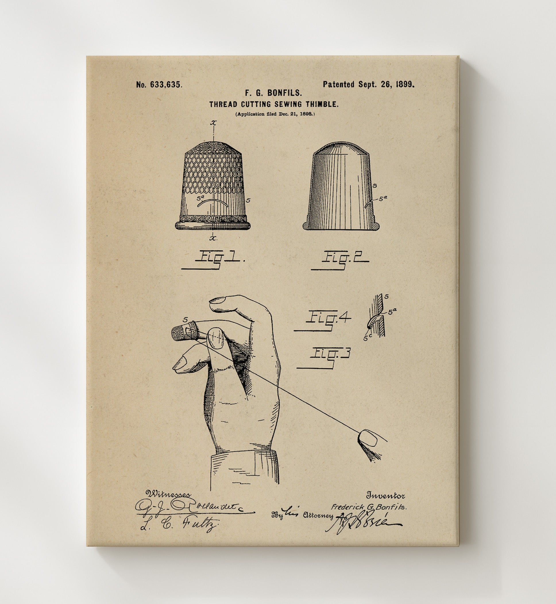 Patent Print - Thread Cutting Sewing Thimble - Frederick G Bonfils - 1899 - Patent 633635 Patent Wall Art
