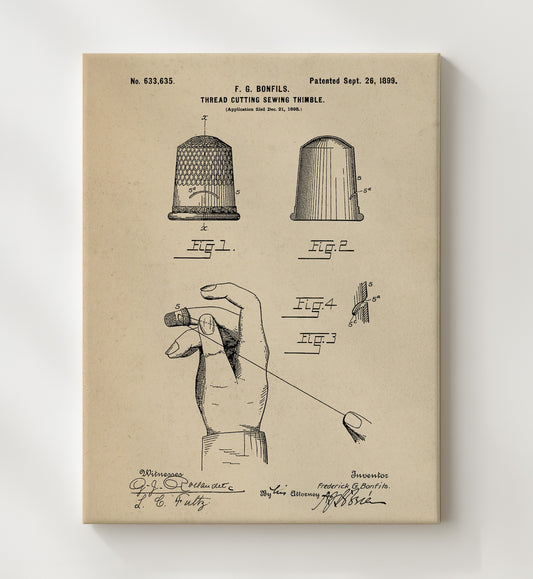 Thread Cutting Sewing Thimble 1899 patent print wall art 8x10 Canvas