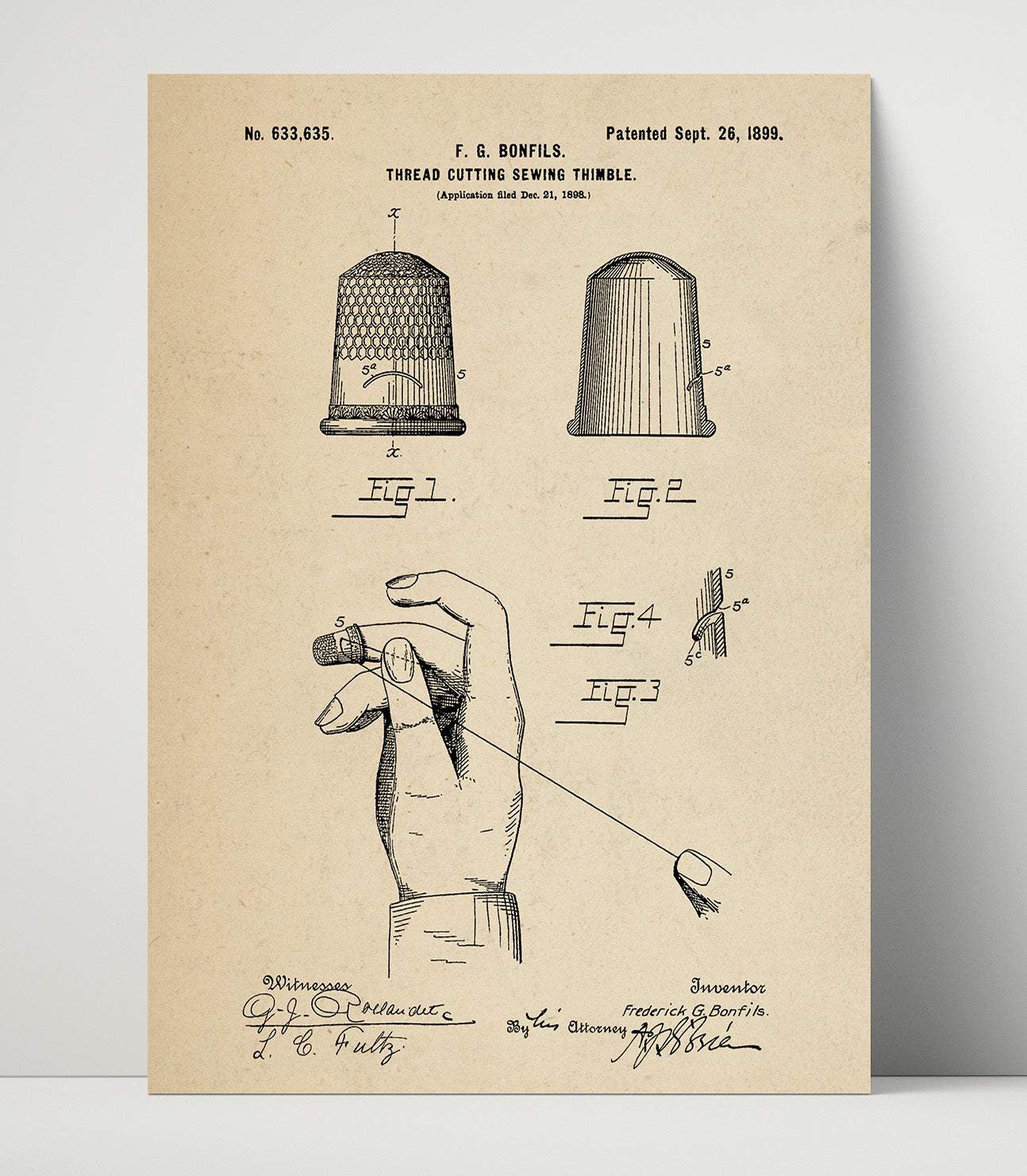 Patent Print - Thread Cutting Sewing Thimble - Frederick G Bonfils - 1899 - Patent 633635 Patent Wall Art