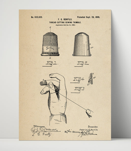 Thread Cutting Sewing Thimble - 1899 Patent - 16x20 Unframed Print