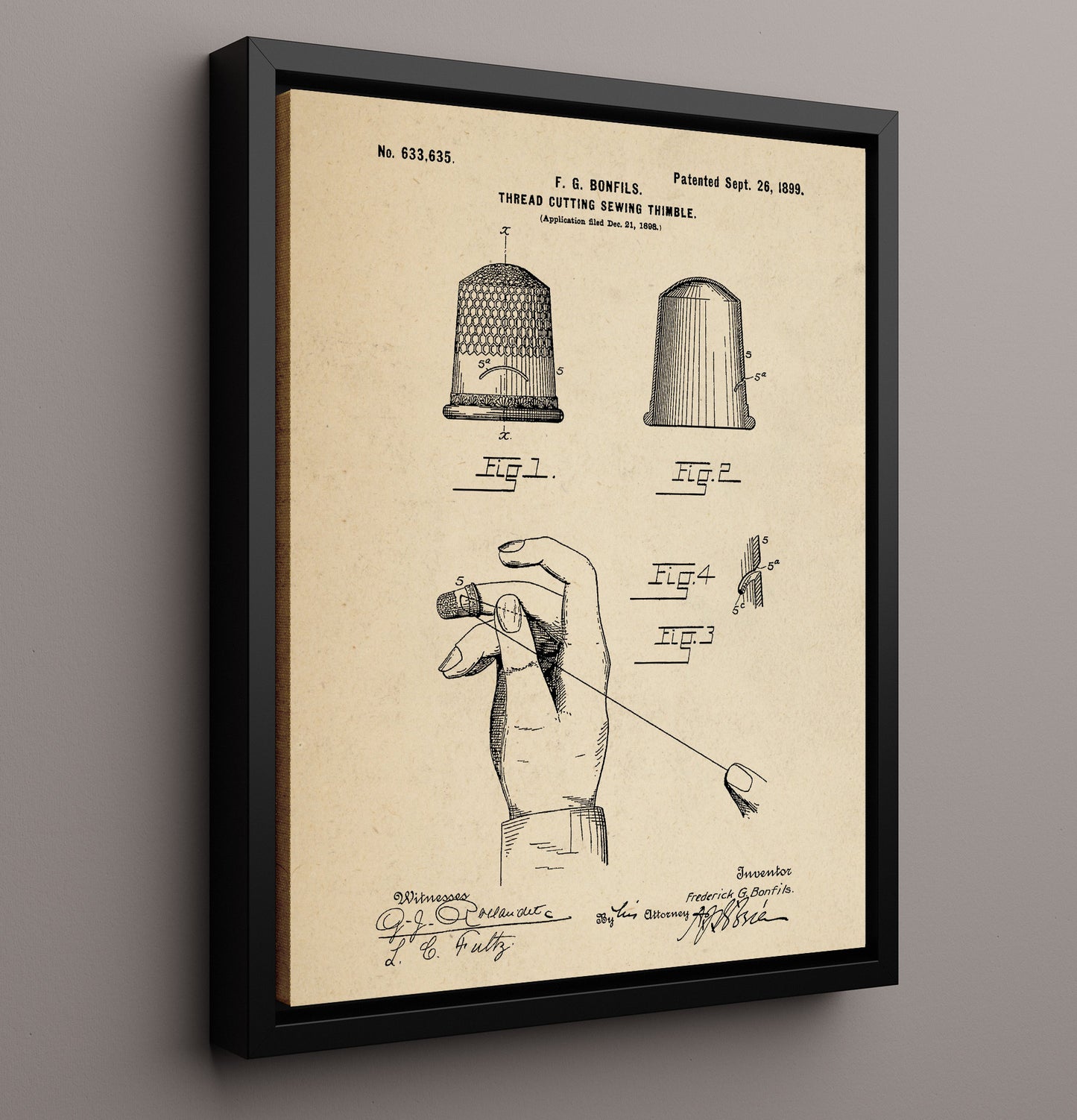 Patent Print - Thread Cutting Sewing Thimble - Frederick G Bonfils - 1899 - Patent 633635 Patent Wall Art
