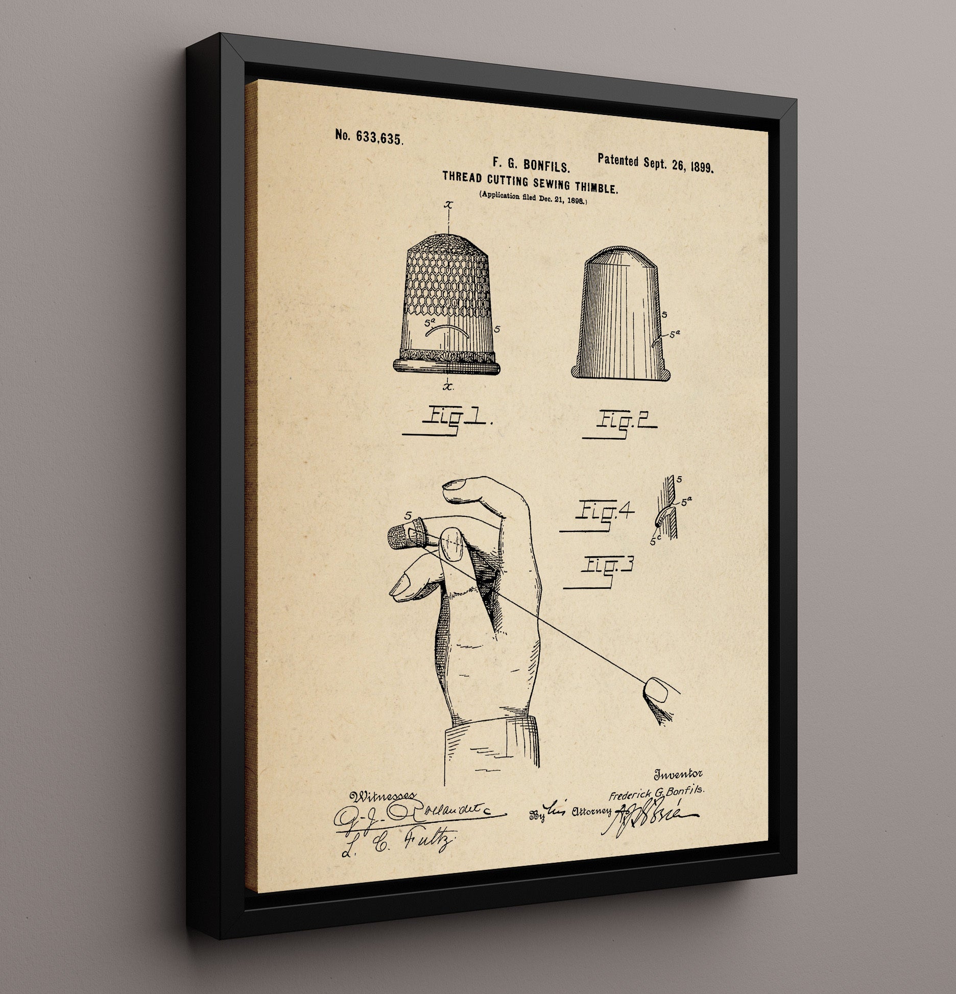 Patent Print - Thread Cutting Sewing Thimble - Frederick G Bonfils - 1899 - Patent 633635 Patent Wall Art