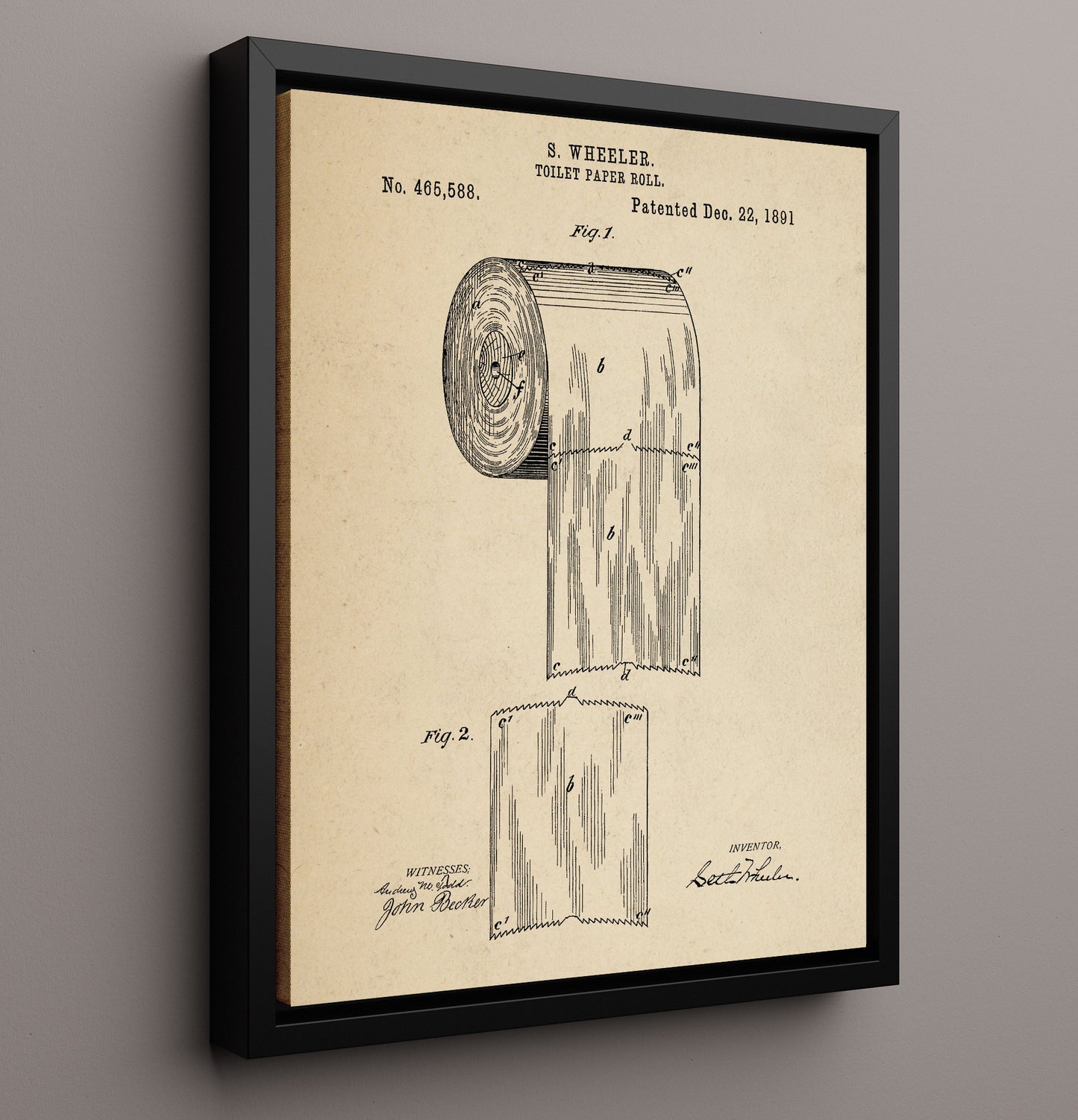 Patent Print - Toilet Paper Roll - Seth Wheeler - 1891 - Patent 465588 Patent Wall Art