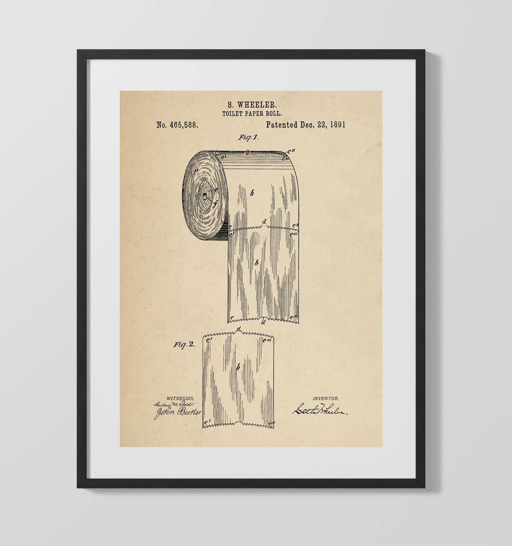 Patent Print - Toilet Paper Roll - Seth Wheeler - 1891 - Patent 465588 Patent Wall Art