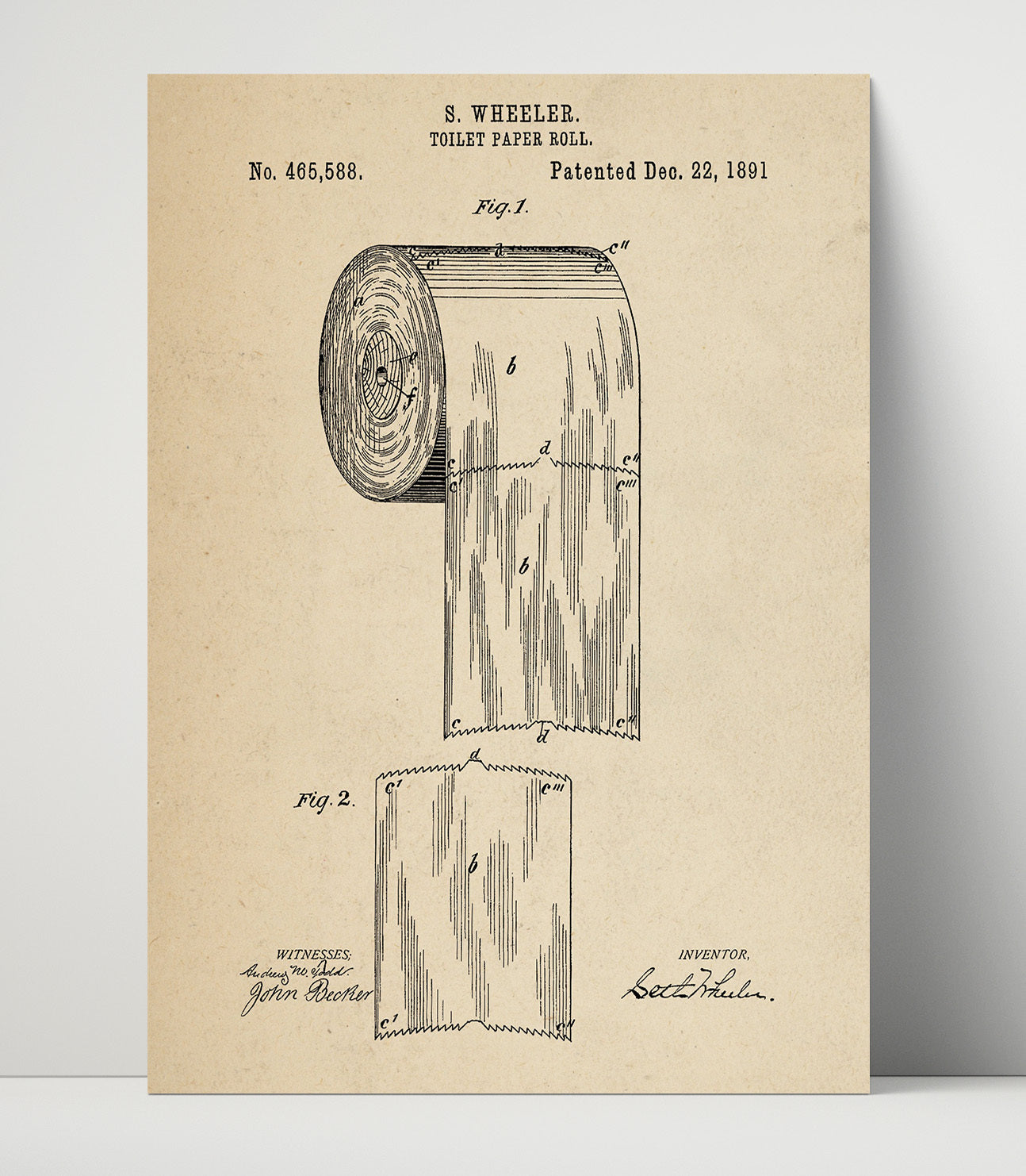Patent Print - Toilet Paper Roll - Seth Wheeler - 1891 - Patent 465588 Patent Wall Art
