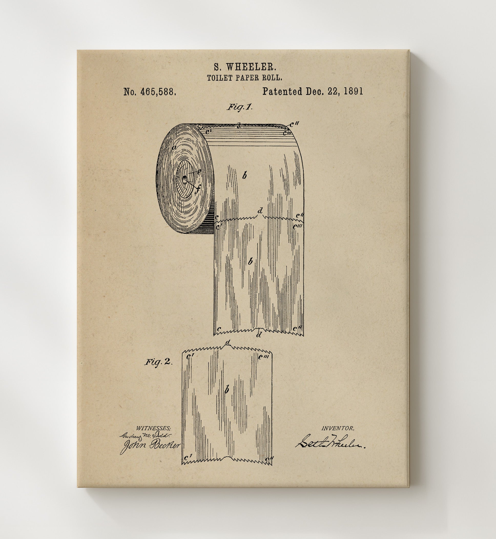Patent Print - Toilet Paper Roll - Seth Wheeler - 1891 - Patent 465588 Patent Wall Art