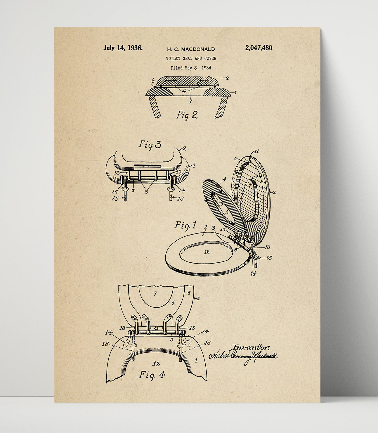Patent Print - Toilet Seat And Cover - Herbert C Macdonald - 1936 - Patent 2047480 Patent Wall Art