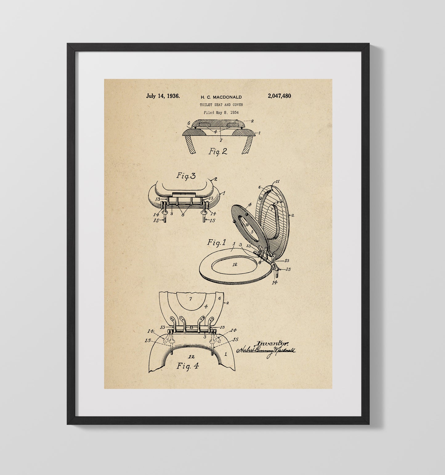 Patent Print - Toilet Seat And Cover - Herbert C Macdonald - 1936 - Patent 2047480 Patent Wall Art