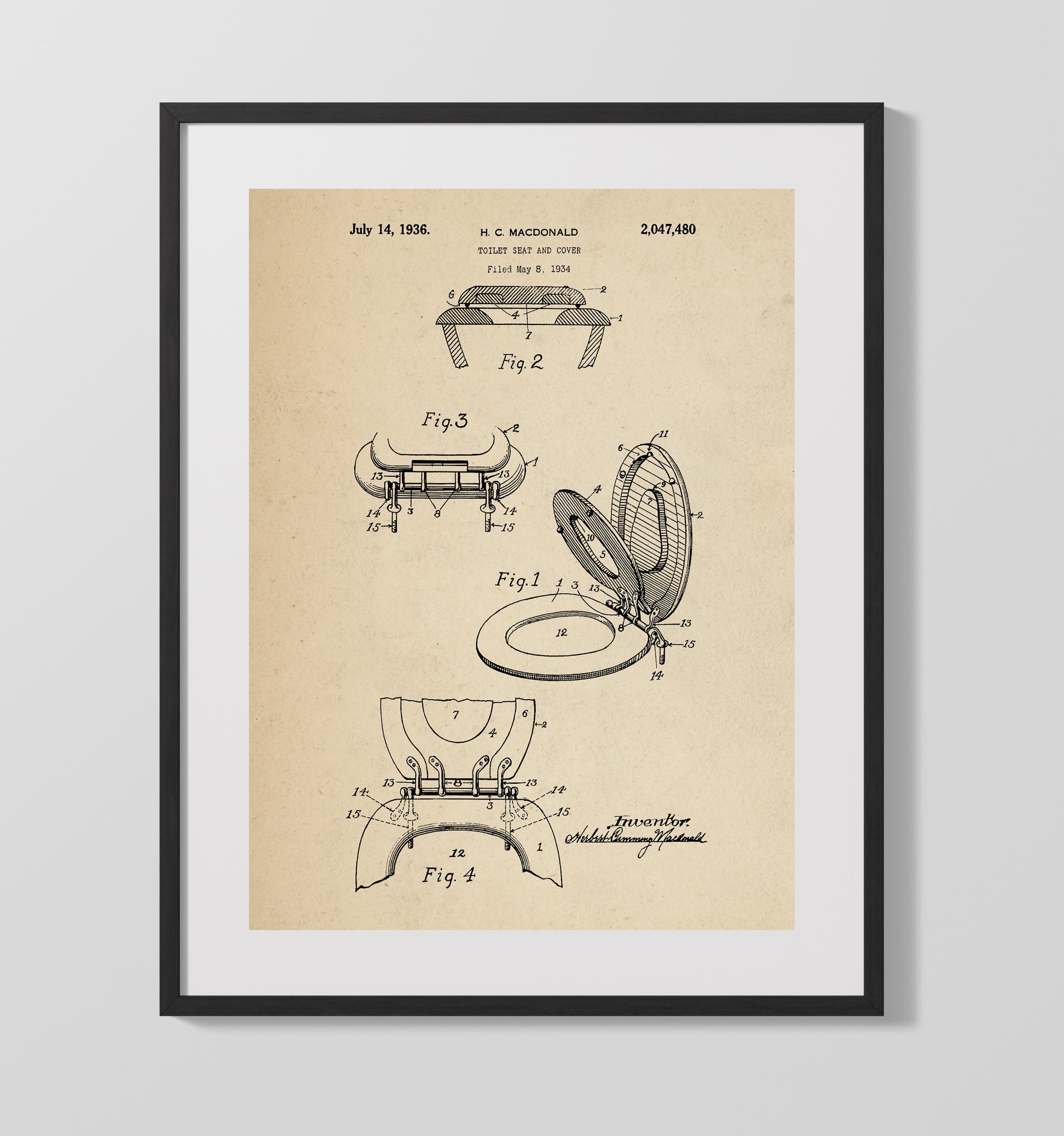 Patent Print - Toilet Seat And Cover - Herbert C Macdonald - 1936 - Patent 2047480 Patent Wall Art