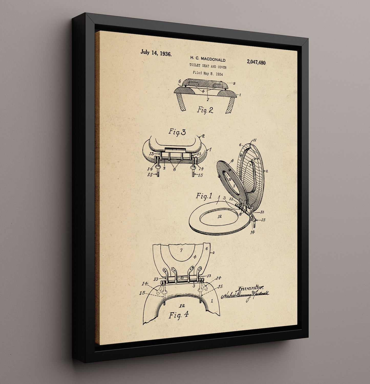 Patent Print - Toilet Seat And Cover - Herbert C Macdonald - 1936 - Patent 2047480 Patent Wall Art