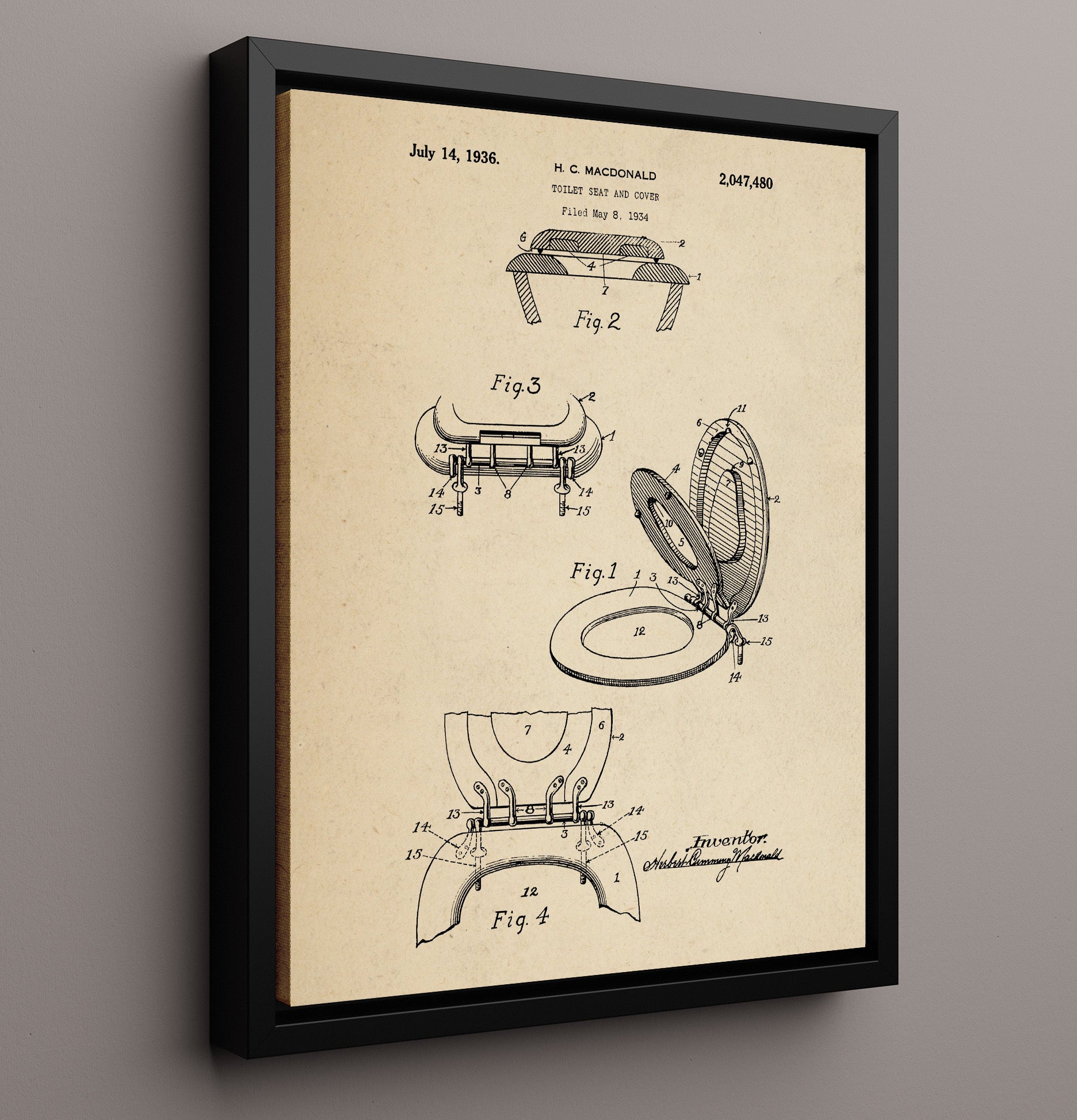 Patent Print - Toilet Seat And Cover - Herbert C Macdonald - 1936 - Patent 2047480 Patent Wall Art