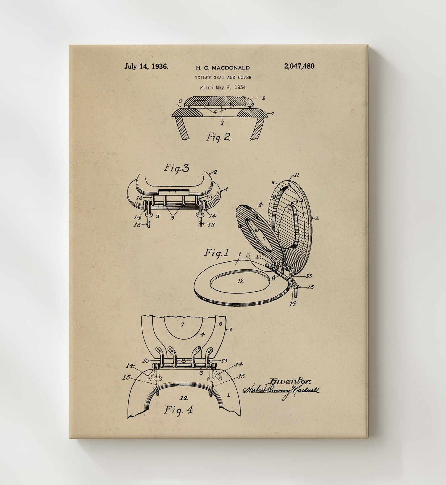 Patent Print - Toilet Seat And Cover - Herbert C Macdonald - 1936 - Patent 2047480 Patent Wall Art