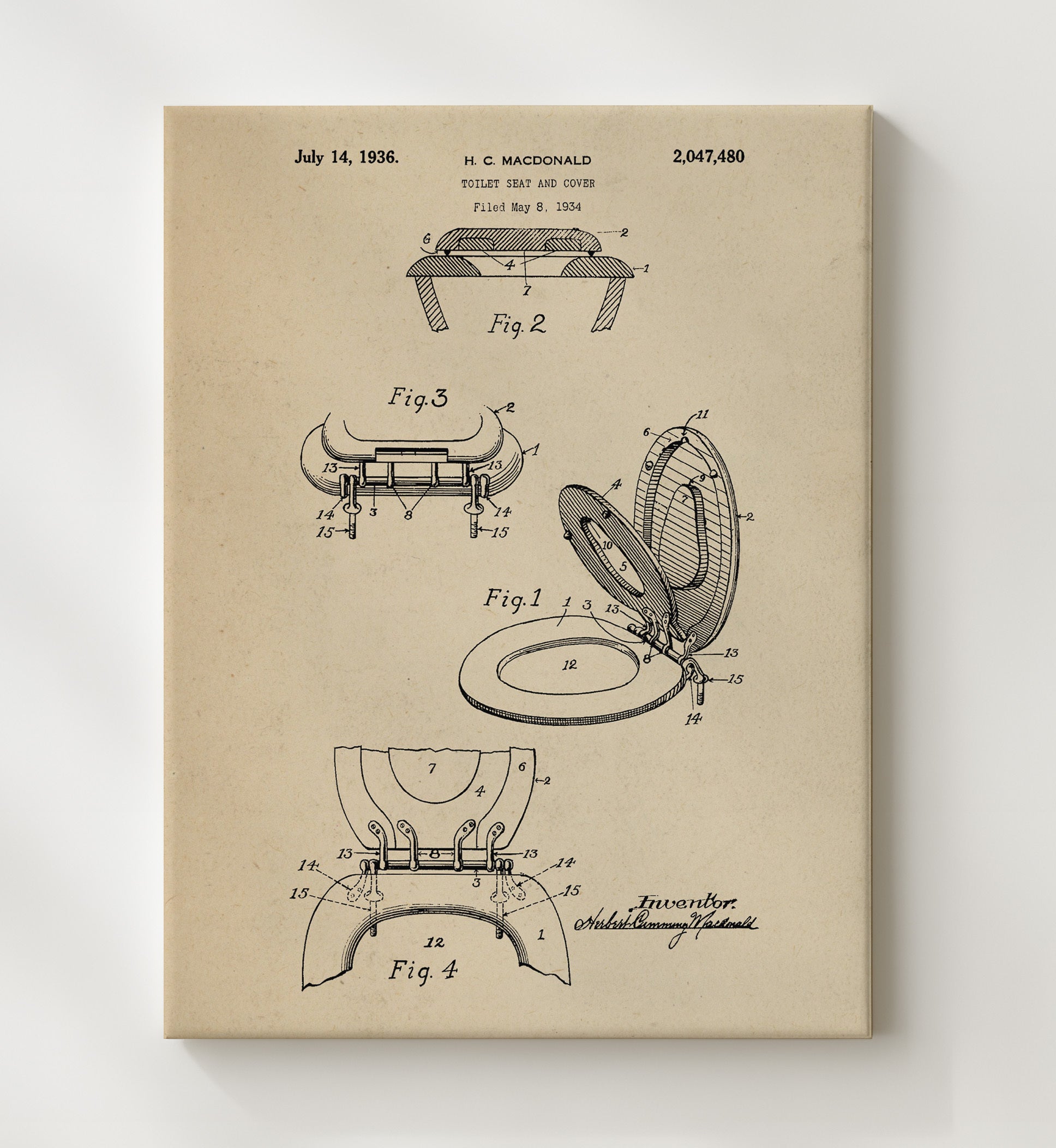 Patent Print - Toilet Seat And Cover - Herbert C Macdonald - 1936 - Patent 2047480 Patent Wall Art