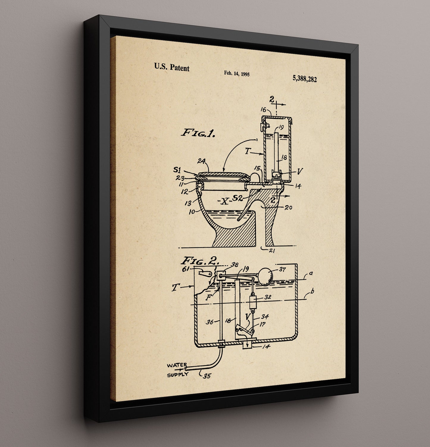 Patent Print - Toilet Tank Apparatus - Unknown - 1995 - Patent 5388282 Patent Wall Art