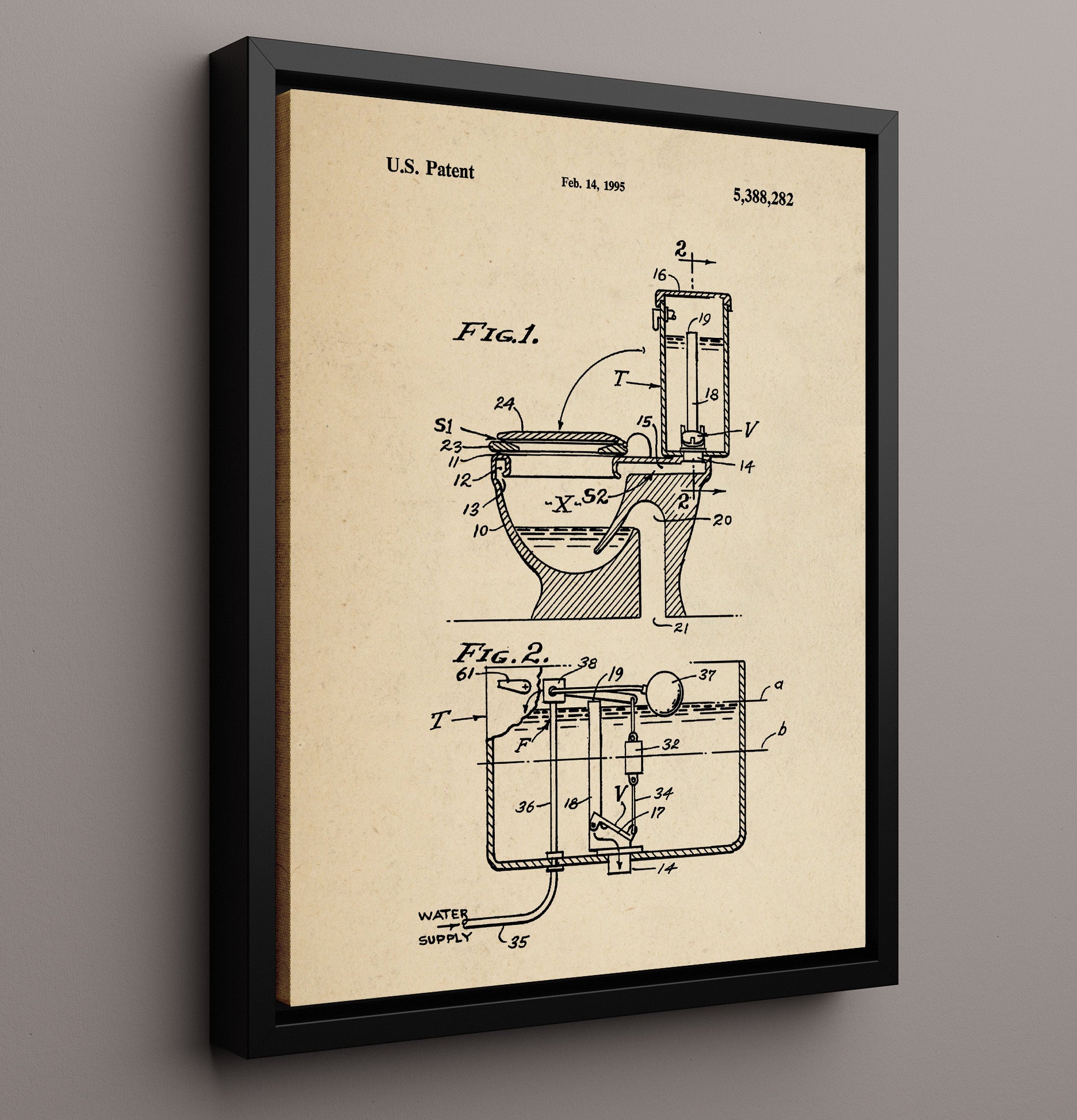 Patent Print - Toilet Tank Apparatus - Unknown - 1995 - Patent 5388282 Patent Wall Art