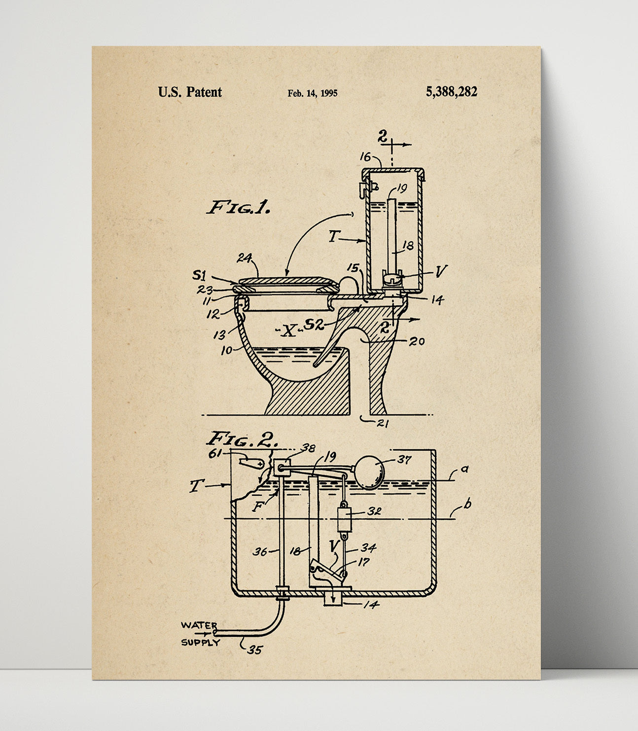 Patent Print - Toilet Tank Apparatus - Unknown - 1995 - Patent 5388282 Patent Wall Art