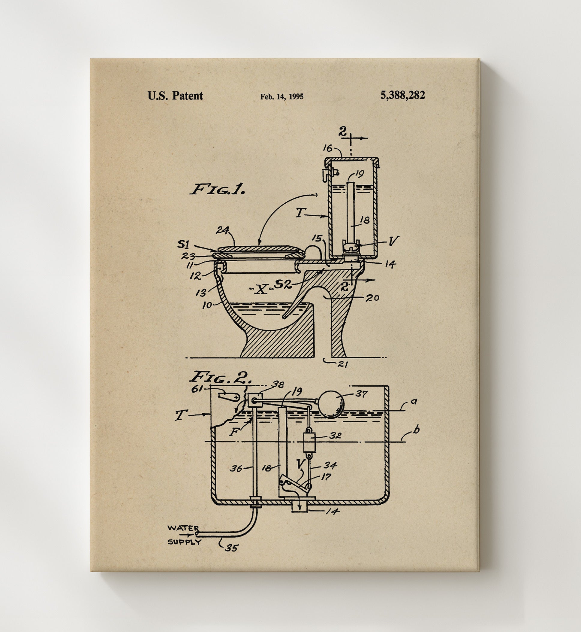 Patent Print - Toilet Tank Apparatus - Unknown - 1995 - Patent 5388282 Patent Wall Art