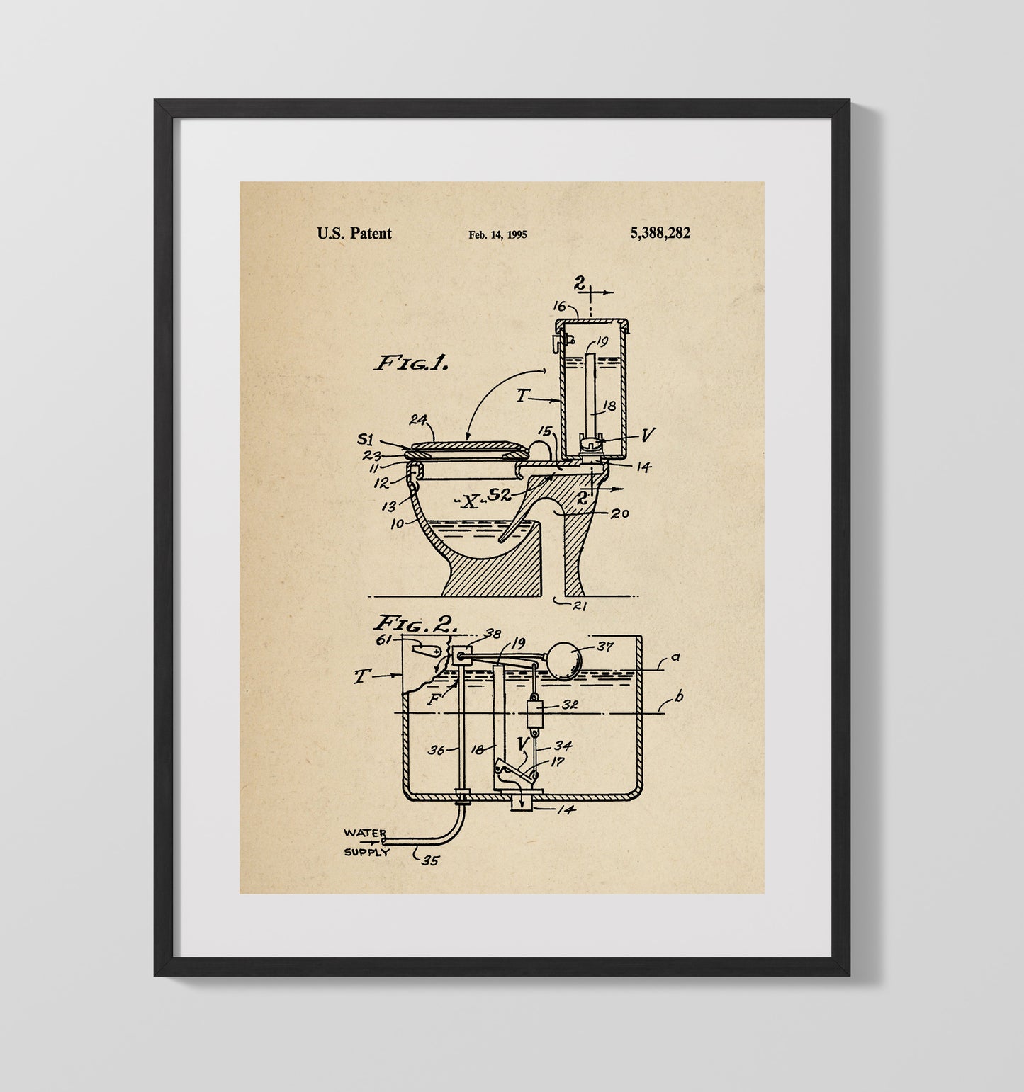 Patent Print - Toilet Tank Apparatus - Unknown - 1995 - Patent 5388282 Patent Wall Art