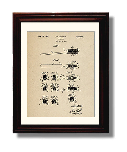 Patent Print - Toothbrush - F. E. Wolcott - 1941 - Patent 2262982 Patent Wall Art