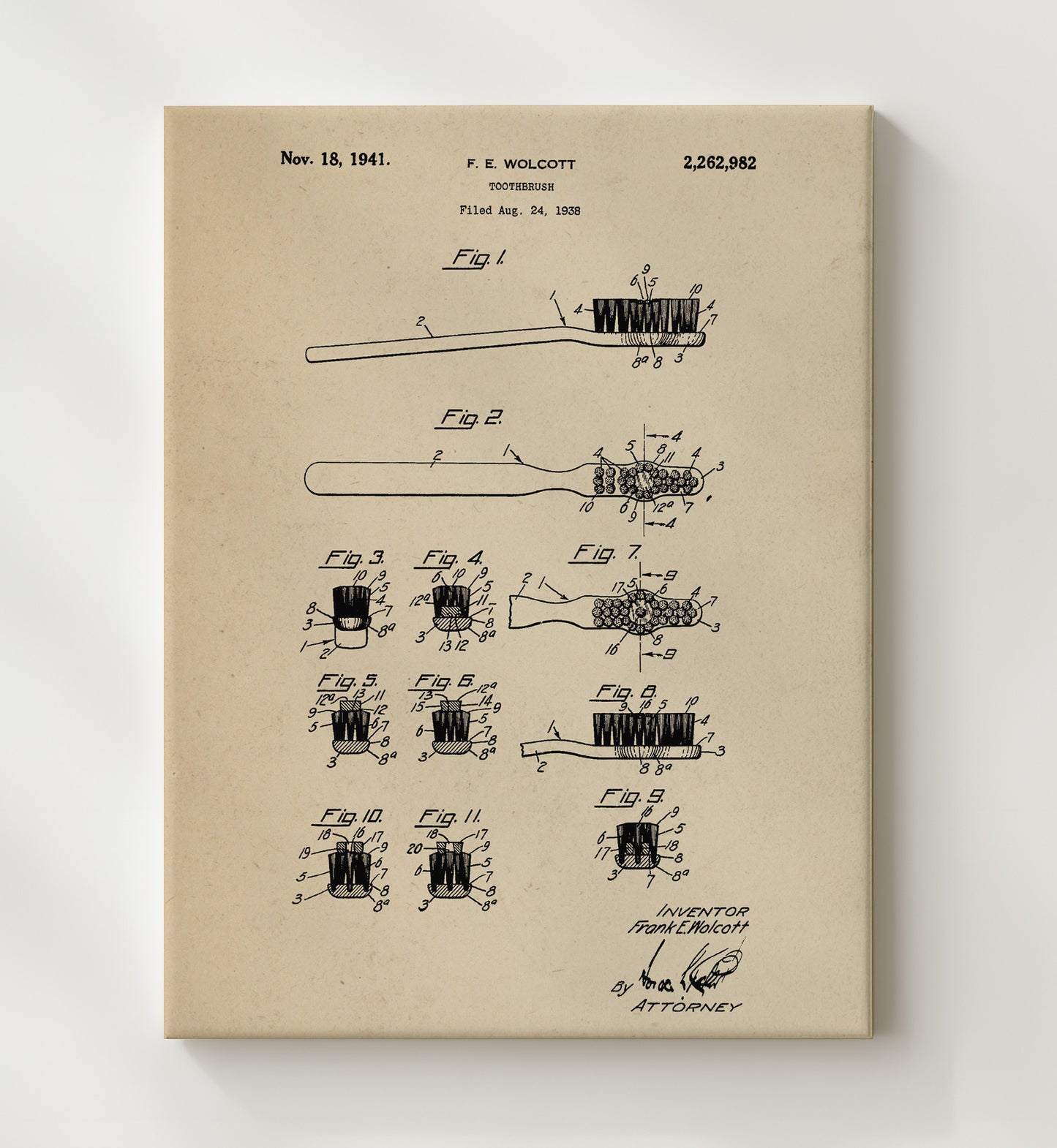 Patent Print - Toothbrush - F. E. Wolcott - 1941 - Patent 2262982 Patent Wall Art